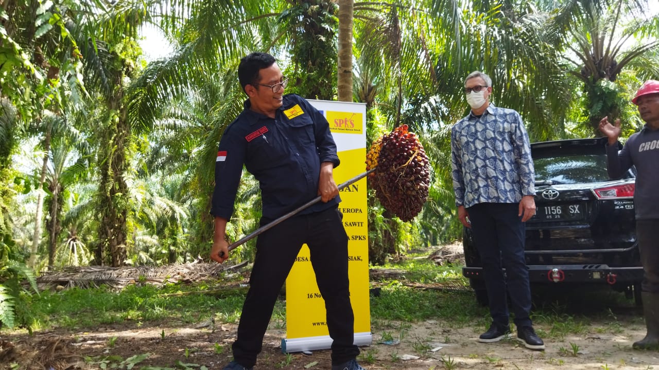 Duta Besar Uni Eropa (UE) Vincent Piket (kiri) mengunjungi Desa Belutu, Kecamatan Kandis, Kabupaten Siak, Riau,