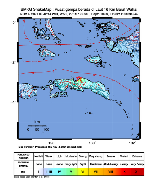 Gempa tektonik dengan kekuatan magnitudo 5,7 guncang Laut Seram, Kamis (4/11/2021)