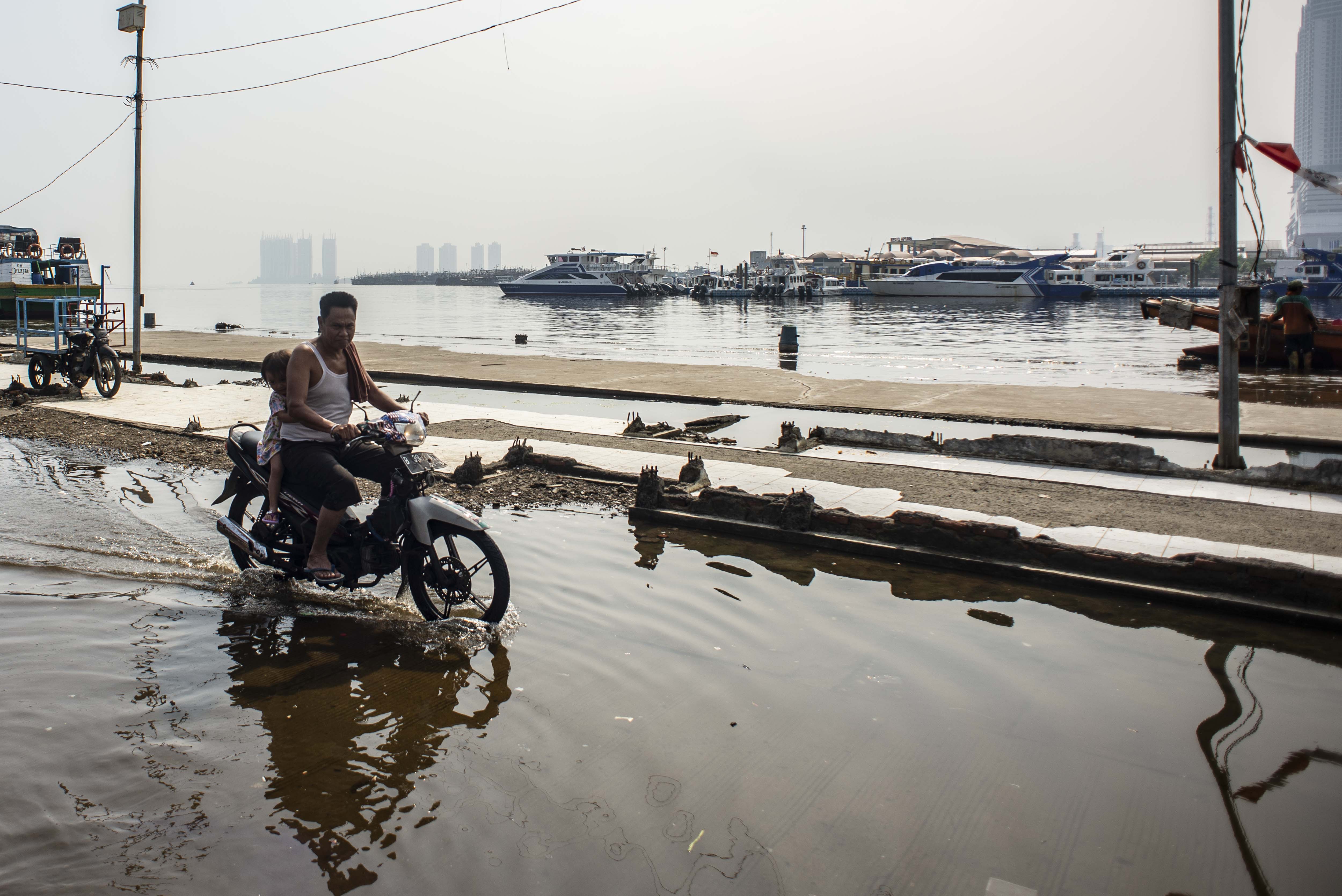 Warga mengendarai motor melintasi genangan air laut di kawasan Pelabuhan Kali Adem, Muara Angke, Jakarta, Jumat (8/10/2021). 