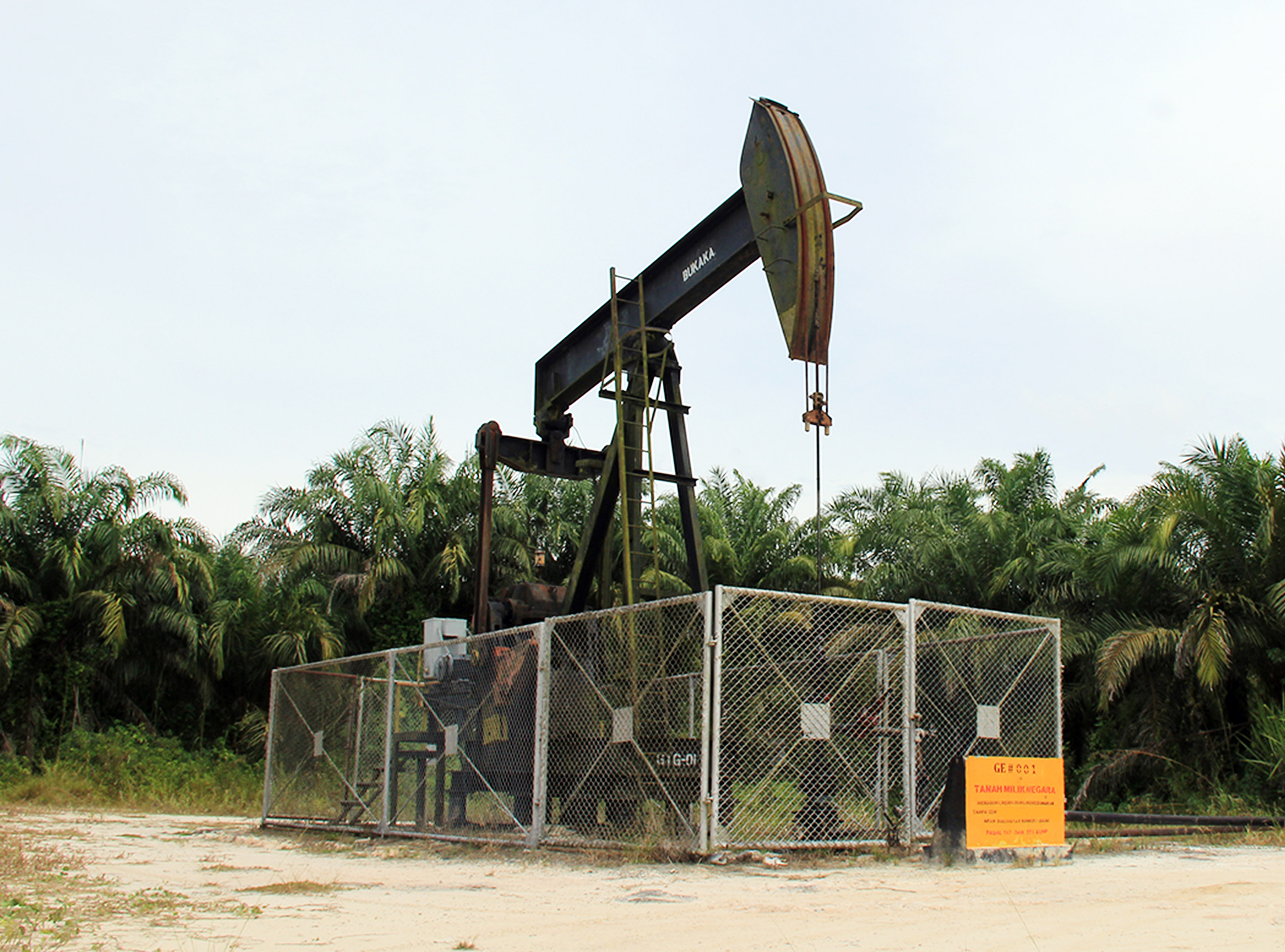 Sebuah pompa minyak beroperasi di ladang sumur Blok Rokan areal kerja Tanah Putih Tanjung Melawan Rokan Hilir, Riau,