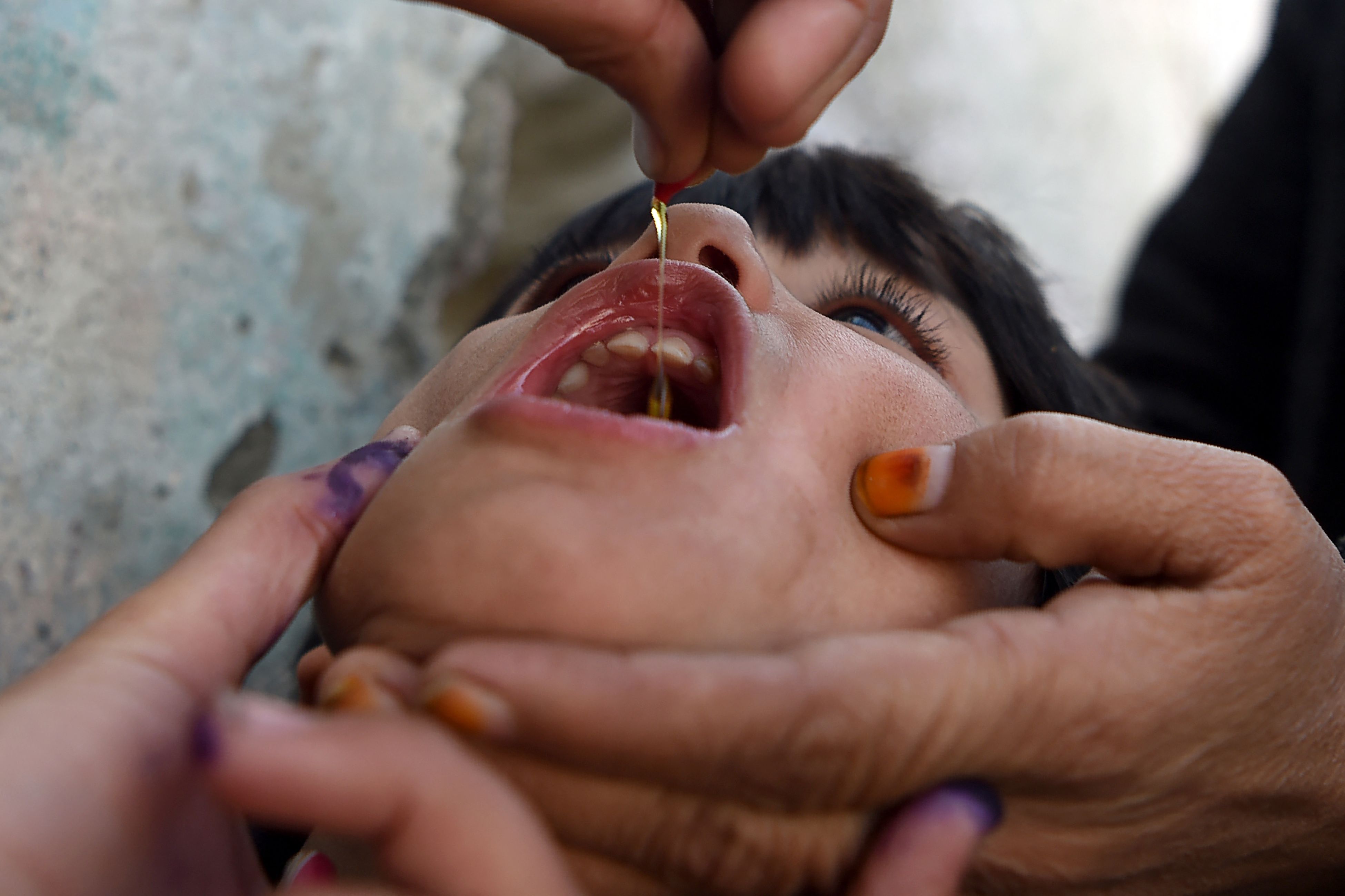 Seorang anak mendapat tetas vaksin polio di Kota Kabul, Afghanistan, pada Senin (8/11).  