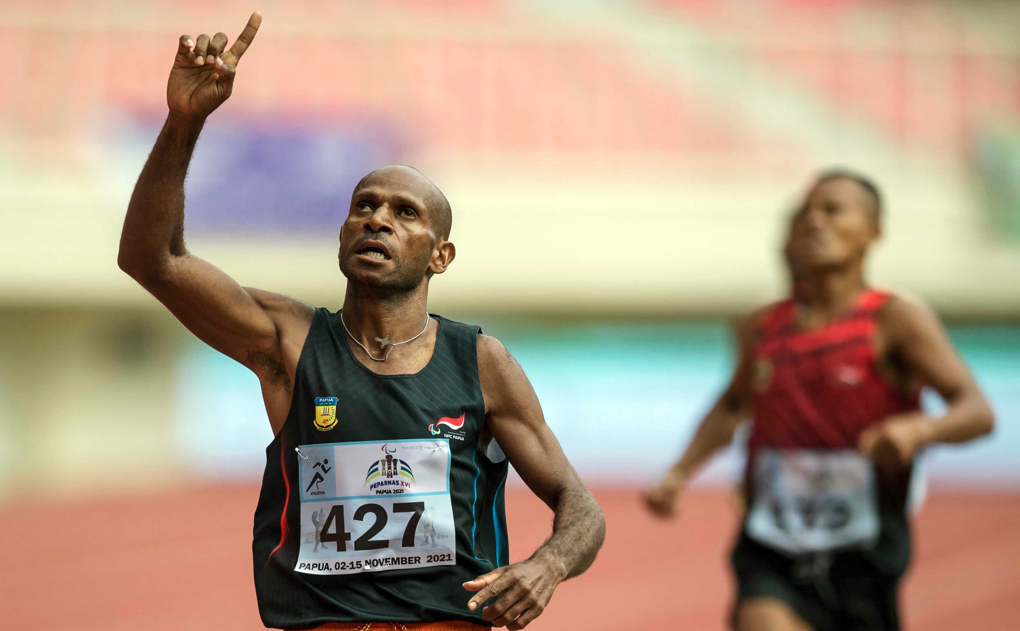 Atlet Papua, Abraham Elopere meraih emas nomor lari nomor 1.500 meter putra T20 Perparnas Papua.