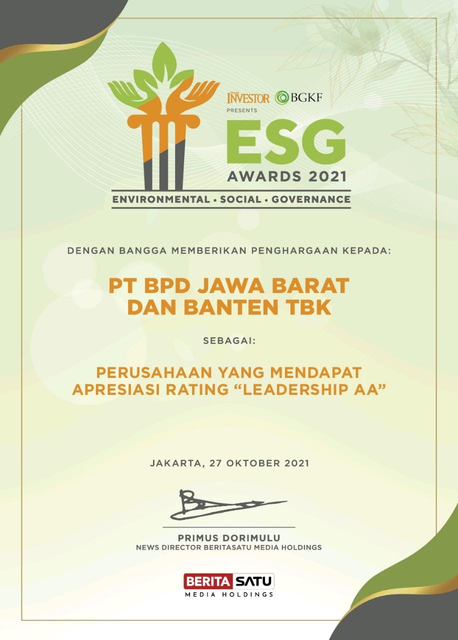 Bank bjb meraih Leadership AA dalam Environment, Social & Governance (ESG) Disclosure Awards 2021. 