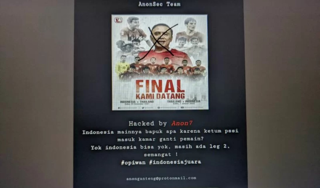 Tangkapan layar laman daring resmi PSSI yang diretas pada Rabu (29/12) usai Indonesia kalah dari Thailand di leg pertama final Piala AFF.