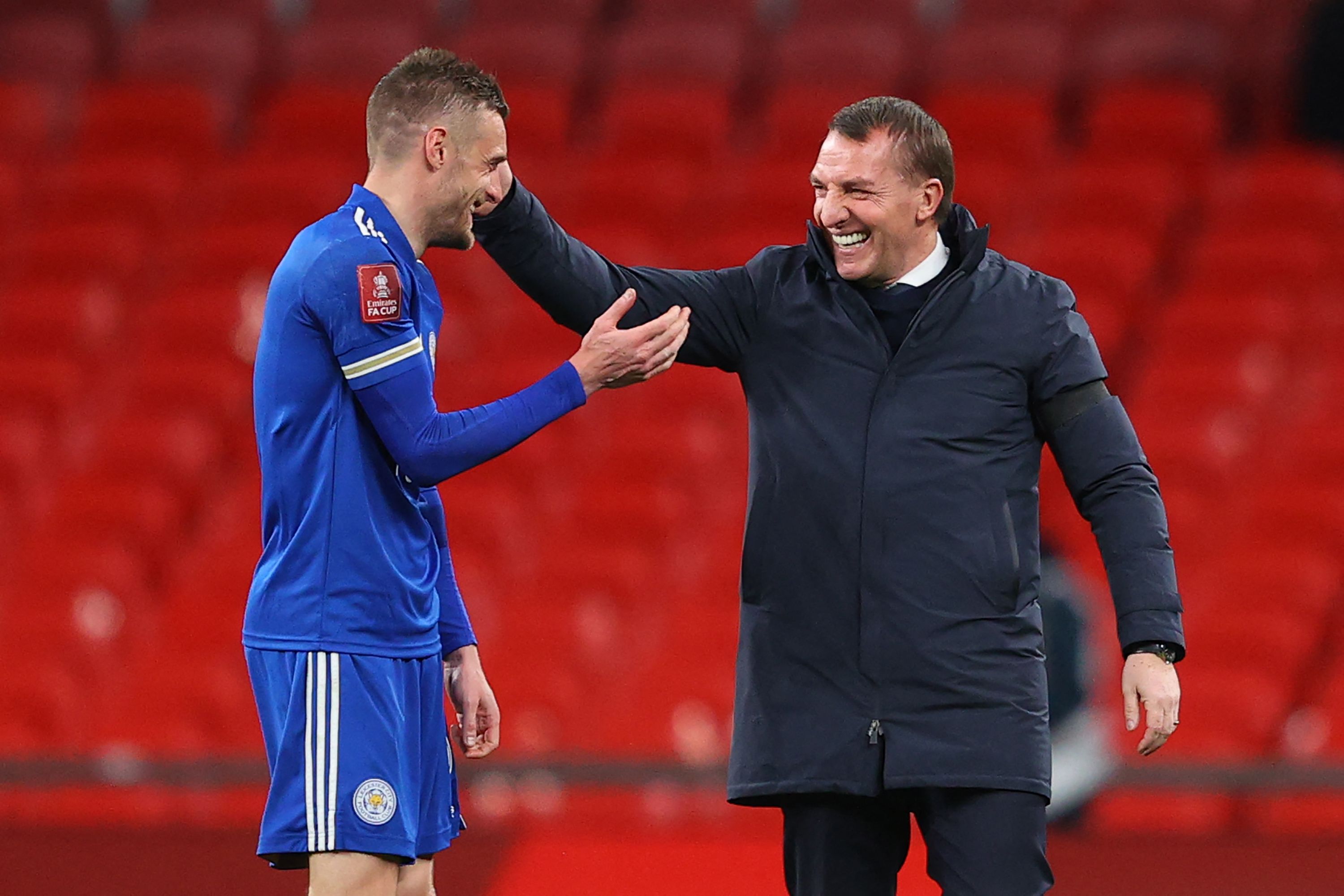 Penyerang Leicester City Jamie Vardy (kiri) bersama pelatih Brendan Rodgers.