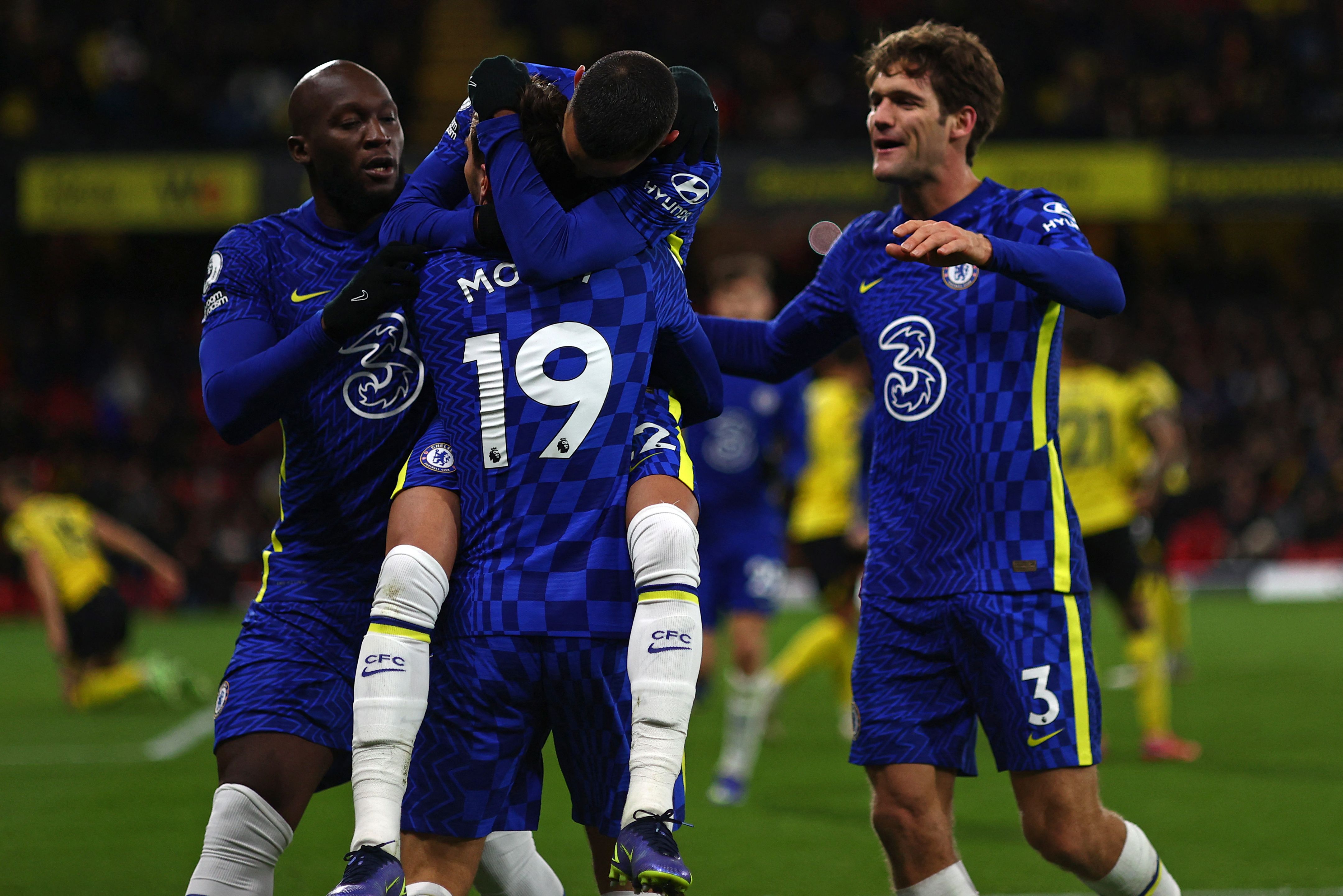 Para pemain Chelsea melakukan selebrasi usai mencetak gol ke gawang Watford di laga Liga Primer Inggris.