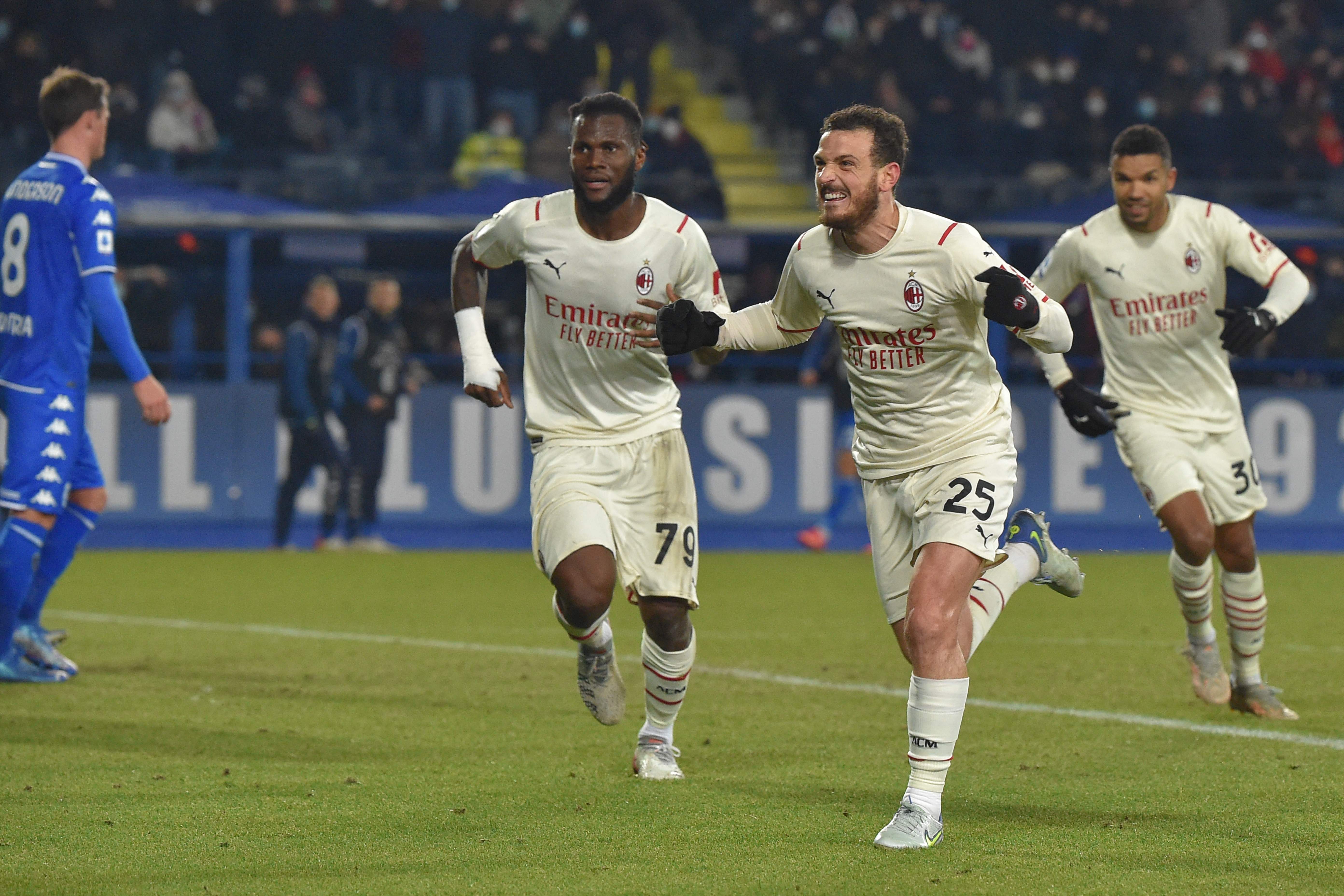 Para pemain AC Milan melakukan selebrasi usai mencetak gol ke gawang Empoli di laga Serie A.