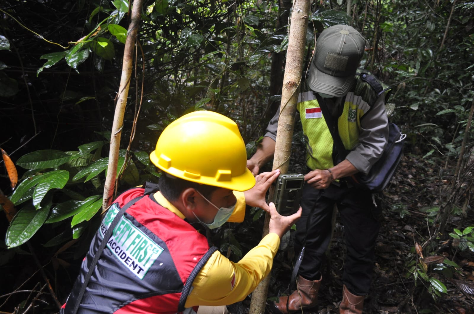 Tim konservasi saat mengecek kamera trap di kawasan hutan konservasi di Muara Merang, Kabupaten Musi Banyuasin, Sumsel, Kamis (30/12/2021)