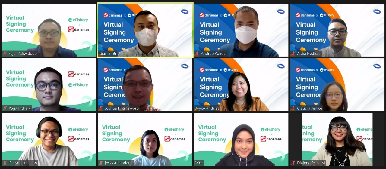 Acara pernjanjian kerja sama antara eFishery. dan Danamas secara virtual. 