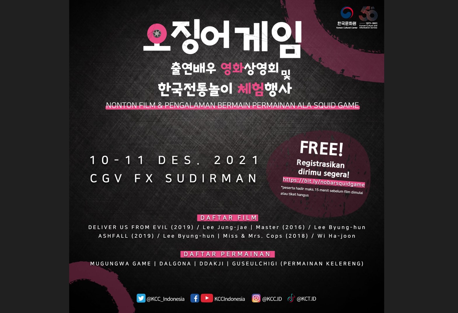 Poster acara nonton bareng dan permainan ala Squid Game yang digelar KCCI.