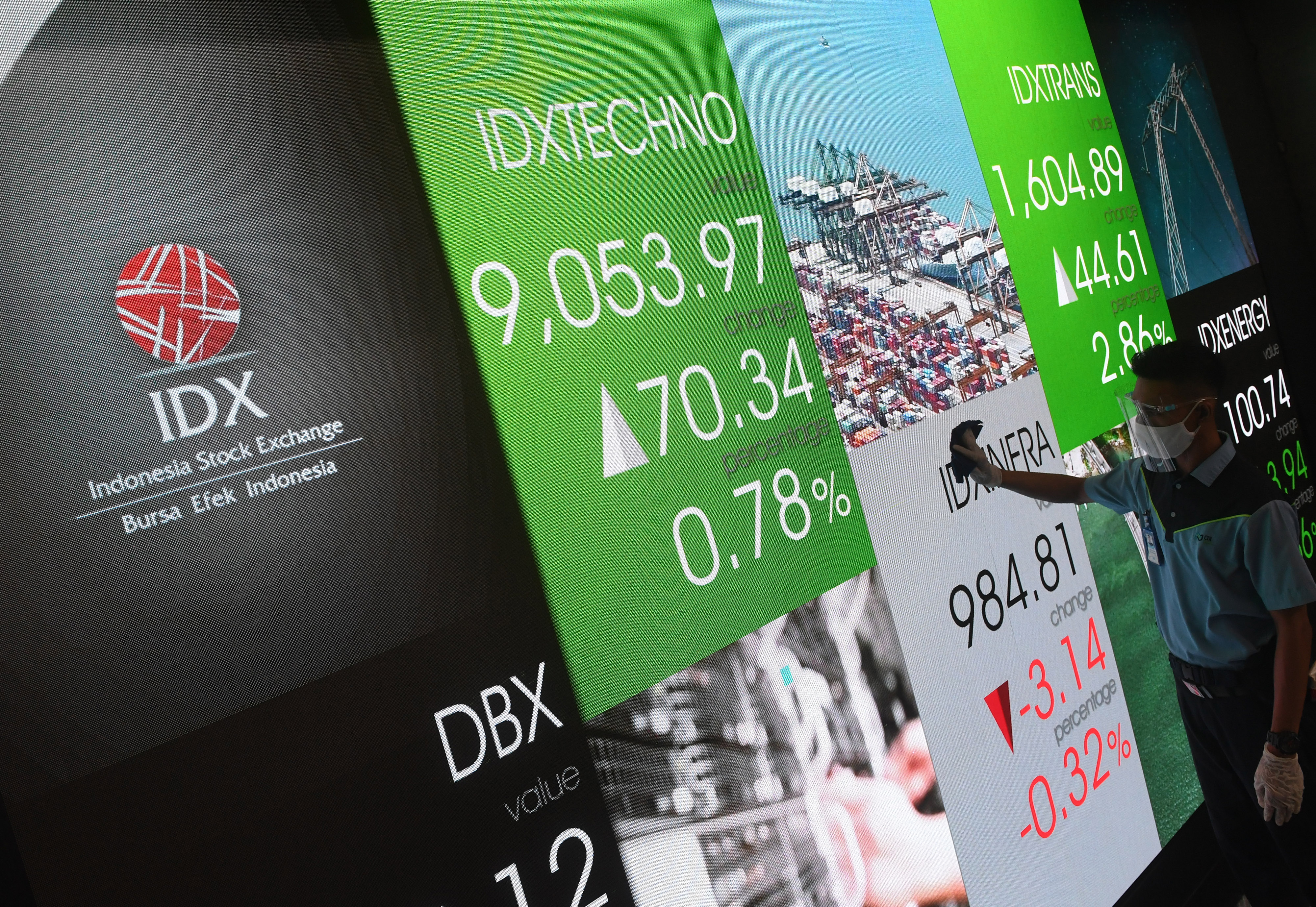 Pekerja membersihkan papan digital perdagangan saham di gedung Bursa Efek Indonesia (BEI), Jakarta