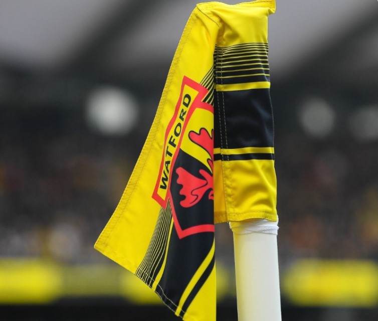 Logo Watford terlihat di bendera tiang sepak pojok di stadion.