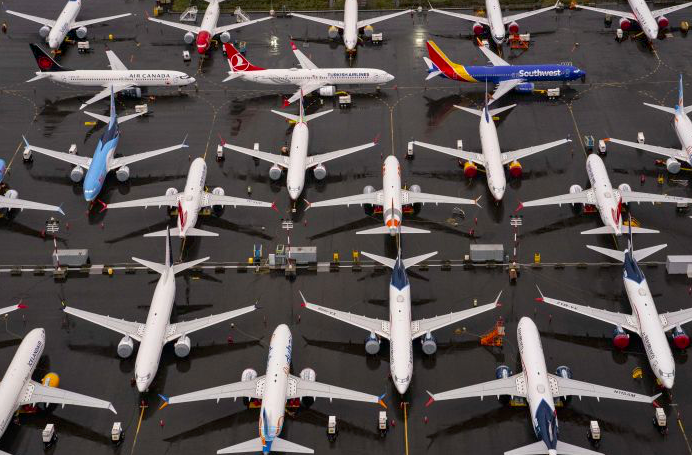 Pesawat Boeing 737 Max diparkir di fasilitas produksi Boeing di Renton, Washington, AS.