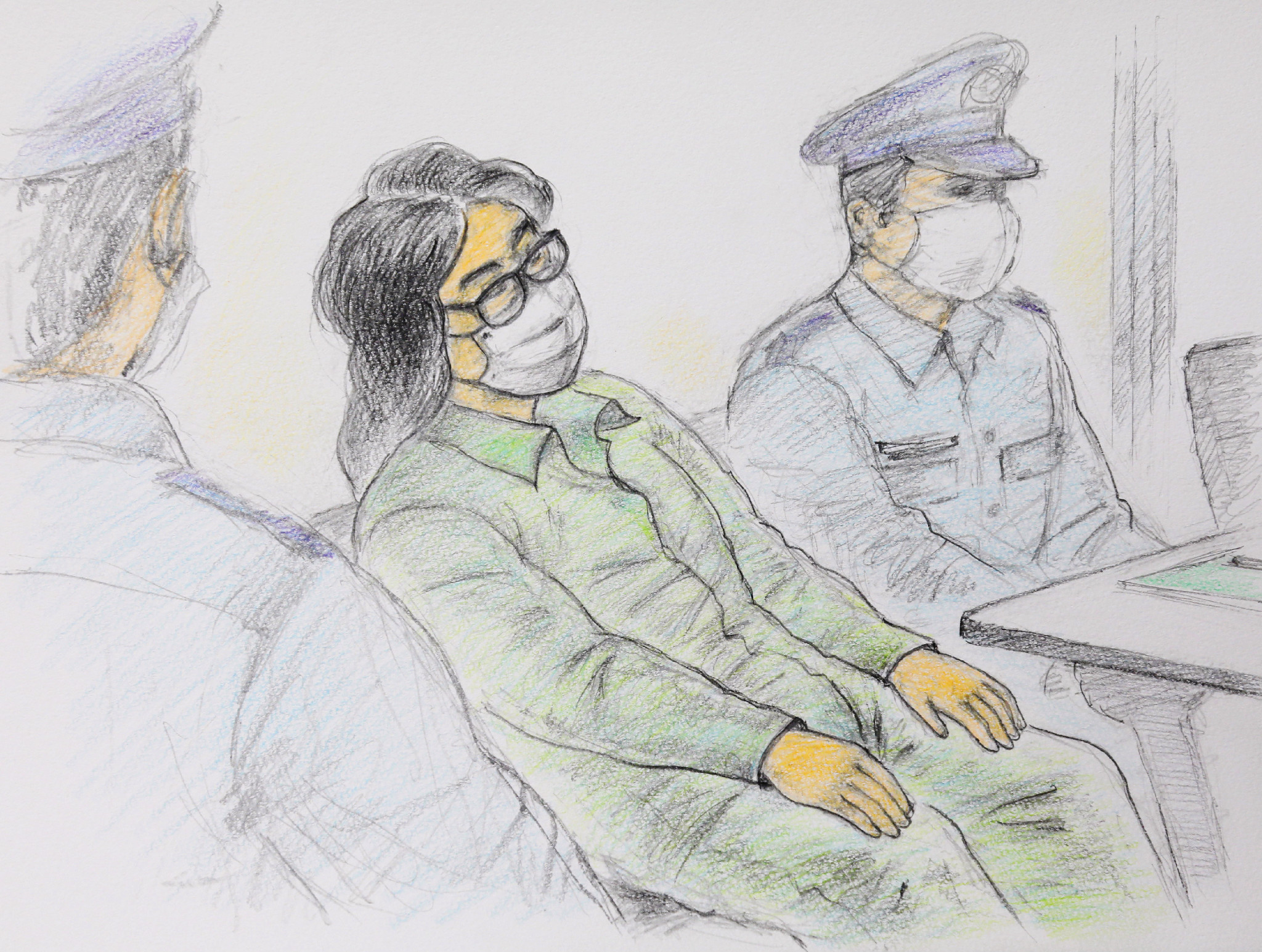 Sketsa gambar terpidana Takahiro Shiraishi (tengah) atau 'Twitter Killer' saat disidang di Pengadilan Distrik Tachikawa, Tokyo, Jepang. 