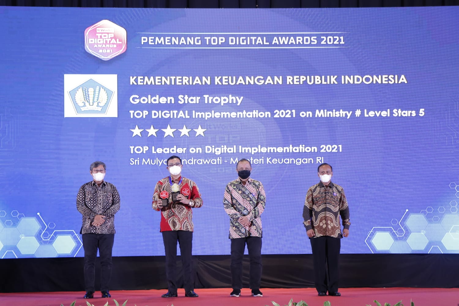 Beberapa instansi pemerintah meraih level bintang lima Top Digital Award 2021 di antarannya Kementerian Keuangan. 