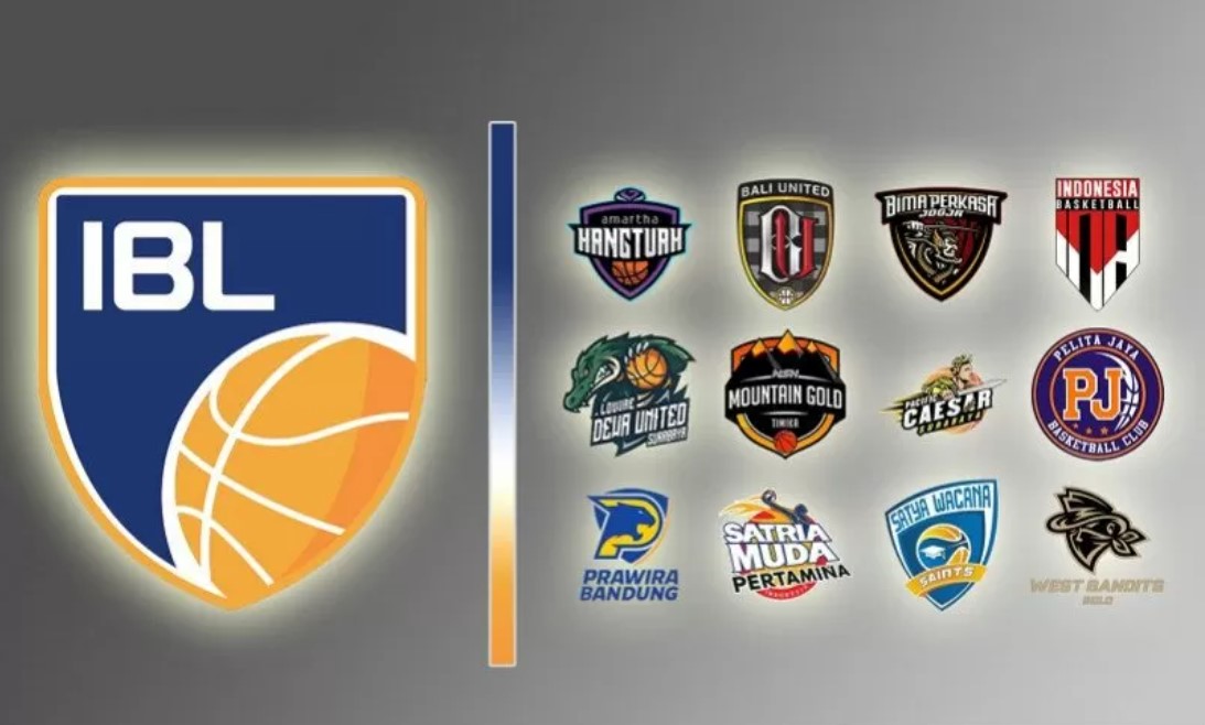 Logo IBL dan kedua belas tim peserta liga bola basket itu.