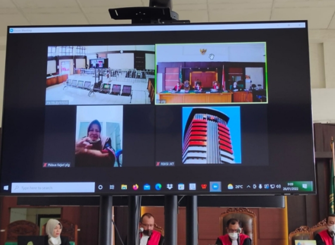 Sidang virtual kasus penyalahgunaan dana BOS di PN Tindak Pidana Korupsi Palembang, Rabu (26/1).