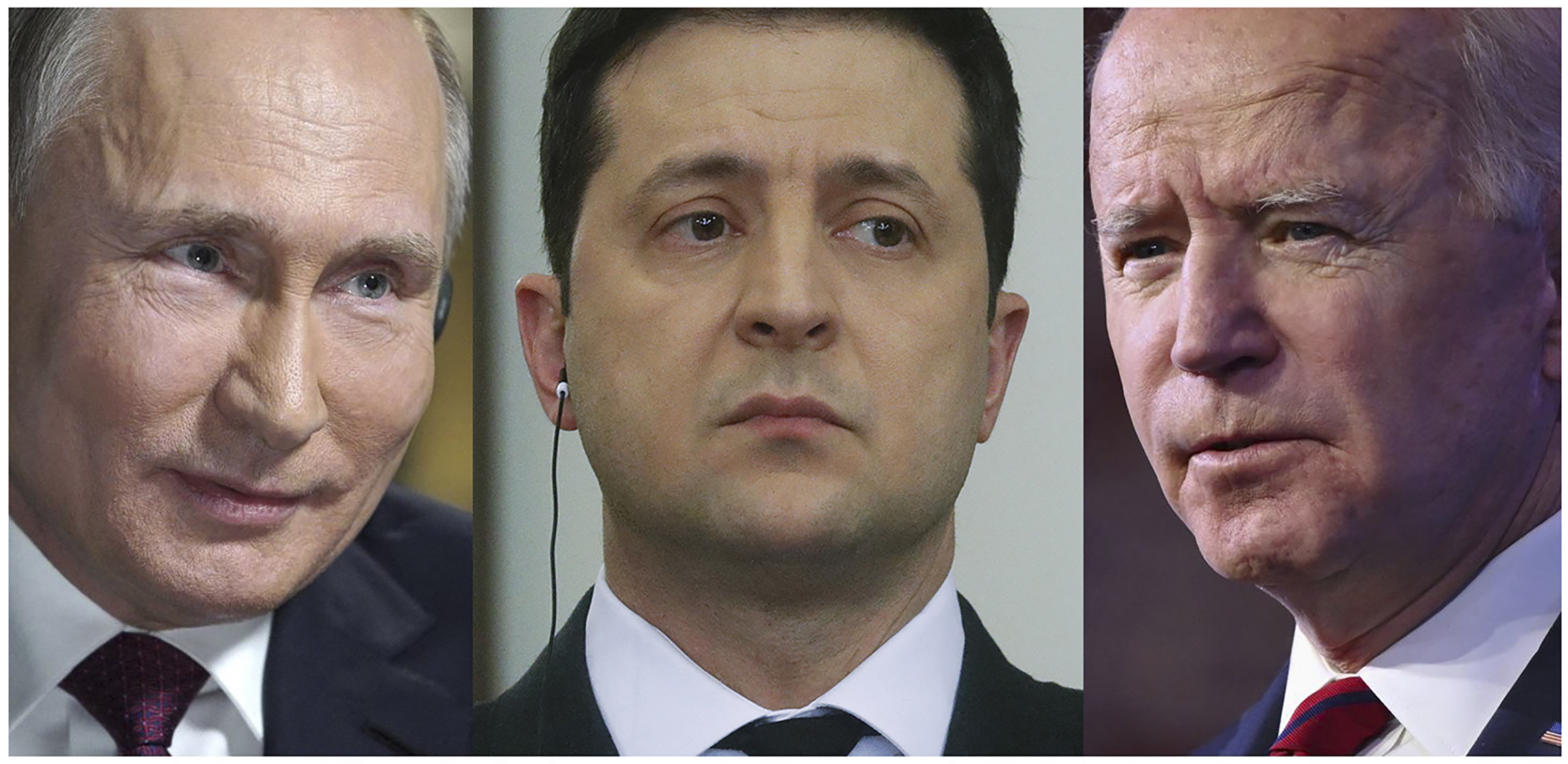Foto kombinasi yang menampilkan Presiden Rusia Vladimir Putin, Presiden Ukraina Volodymyr Zelensky, dan Presiden AS Joe Biden.