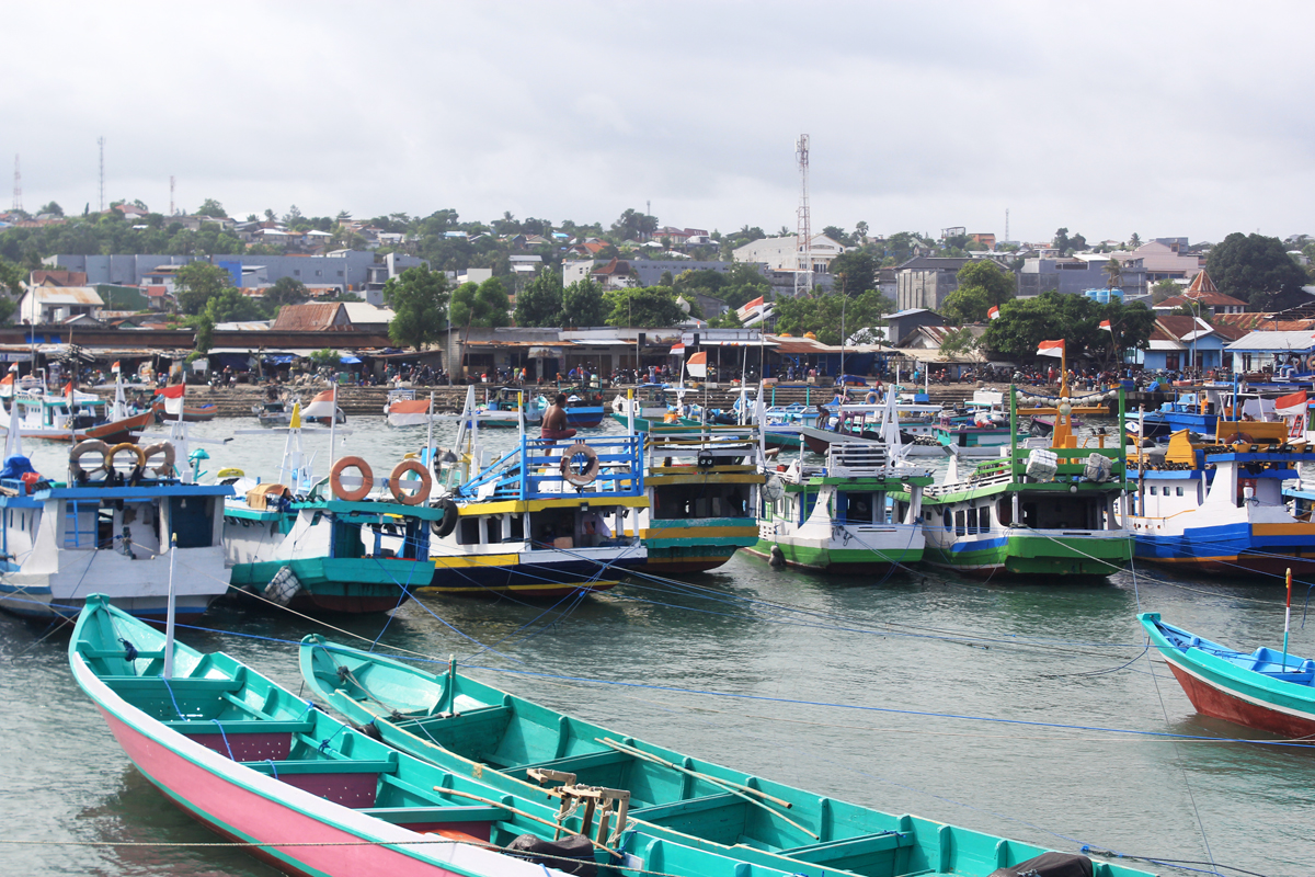 Ratusan perahu nelayan berlindung di Kolam Labuh Tempat Pelelangan Ikan di Kelurahan Oeba, Kota Kupang, NTT, Sabtu (15/1).