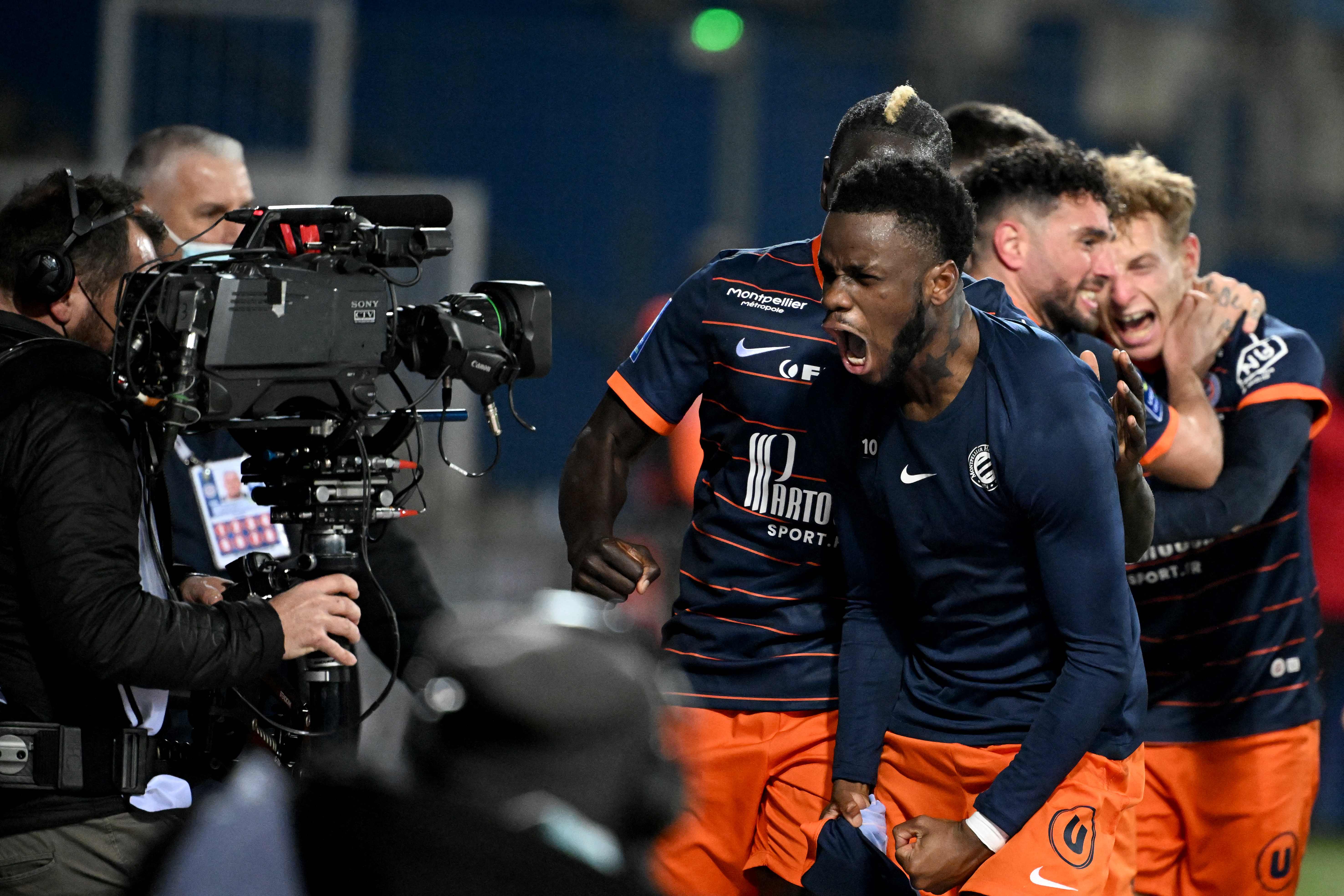 Para pemain Montpellier melakukan selebrasi usai mencetak gol ke gawang Monaco di laga Ligue 1.