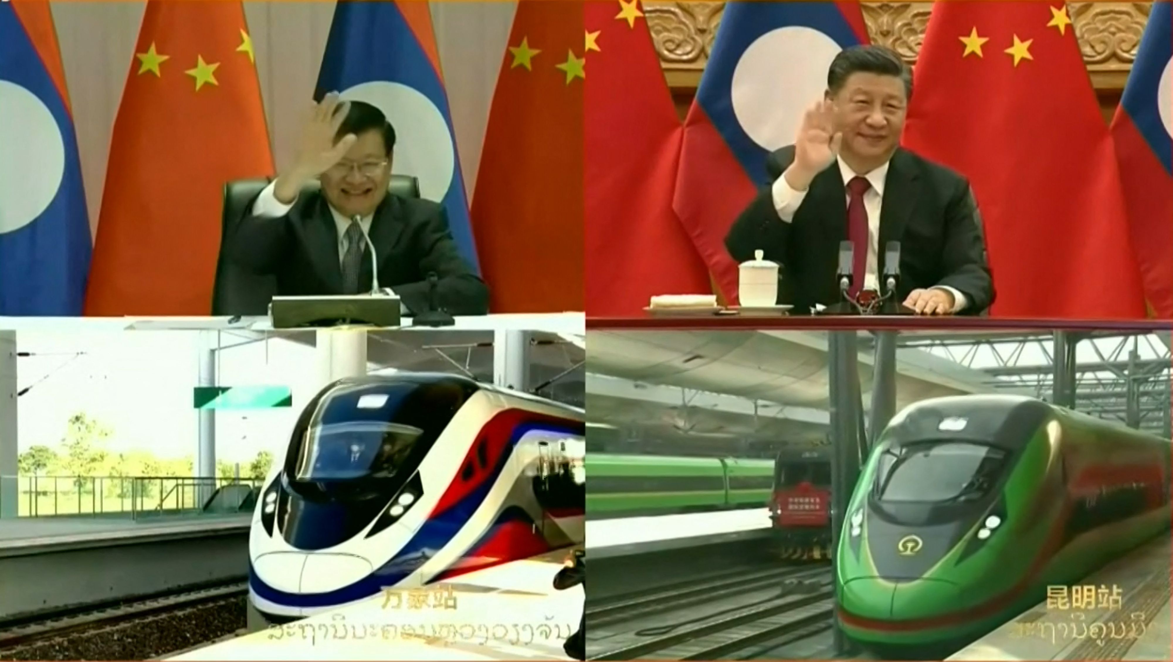 Presiden Tiongkok Xi Jinping (kanan) dan Presiden Laos Thongloun Sisoulith (kiri) saling sapa terkait pembangunan kereta Laos-Tiongkok.  