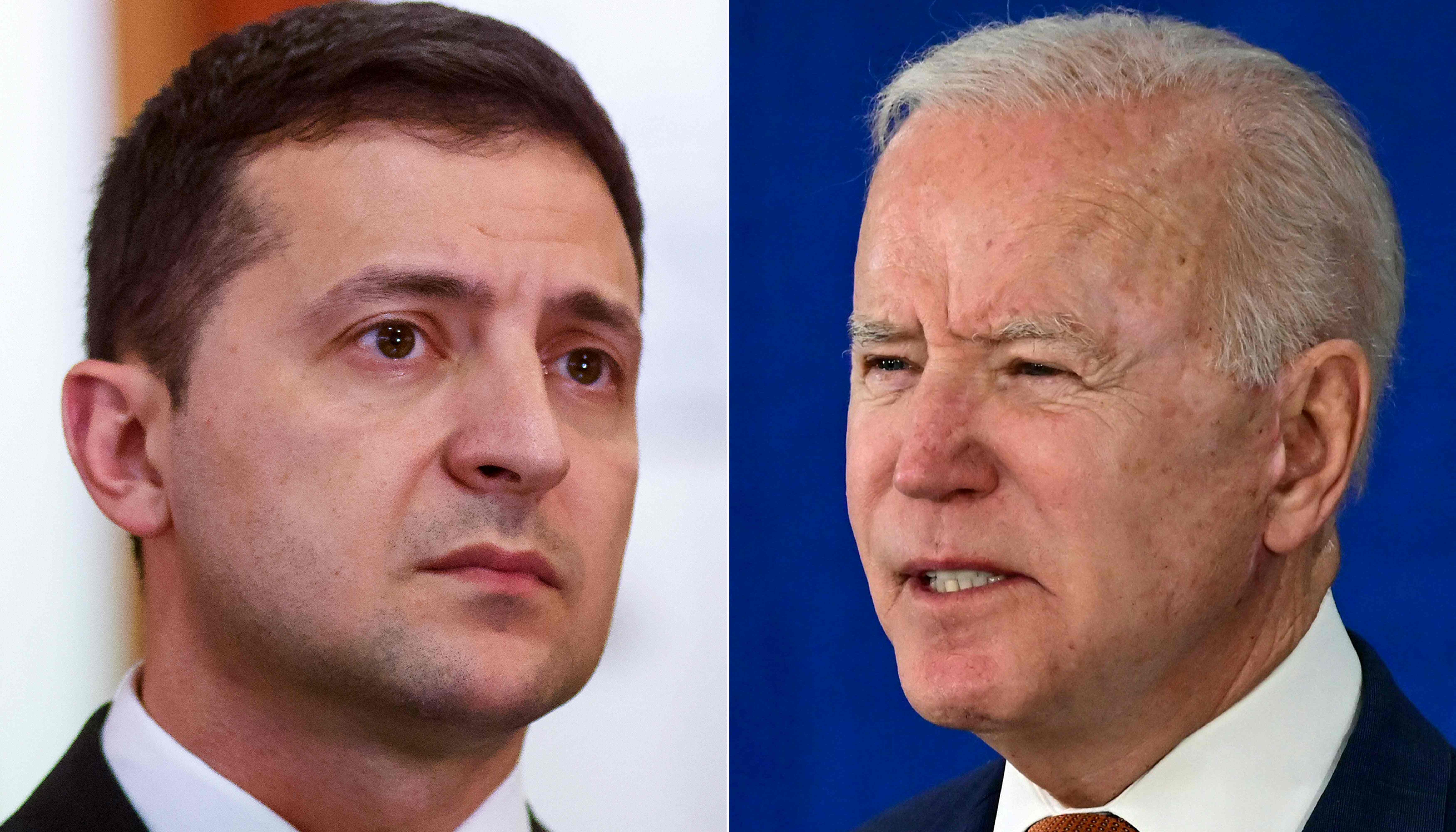 Foto kombinasi yang menampilkan Presiden Ukraina Volodymyr Zelensky (kiri) dan Presiden AS Joe Biden.