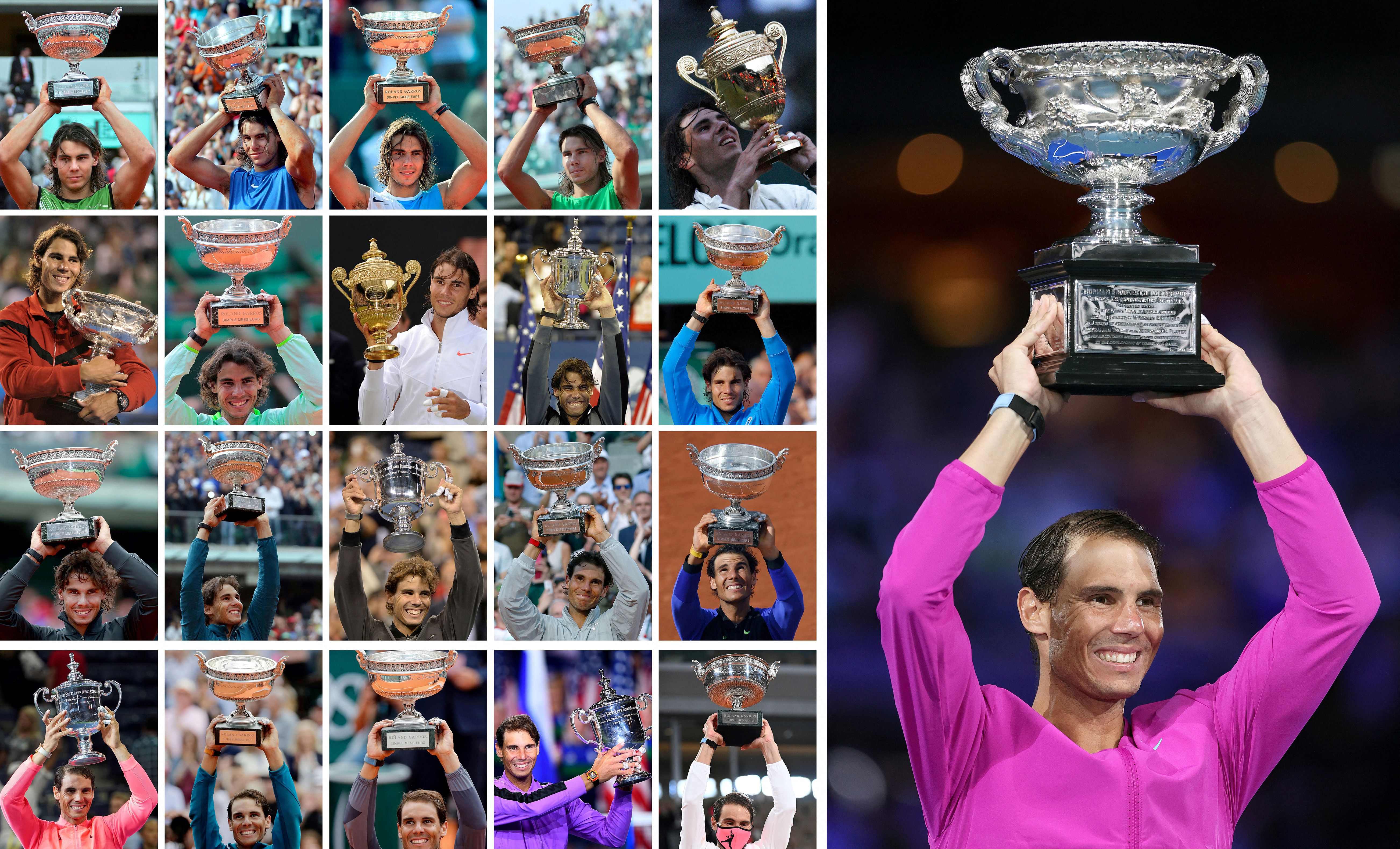 Foto combo Rafael Nadal 21 kali meraih gelar grand salam tenis. Nadal merupakan juara Australia Terbuka 2022.