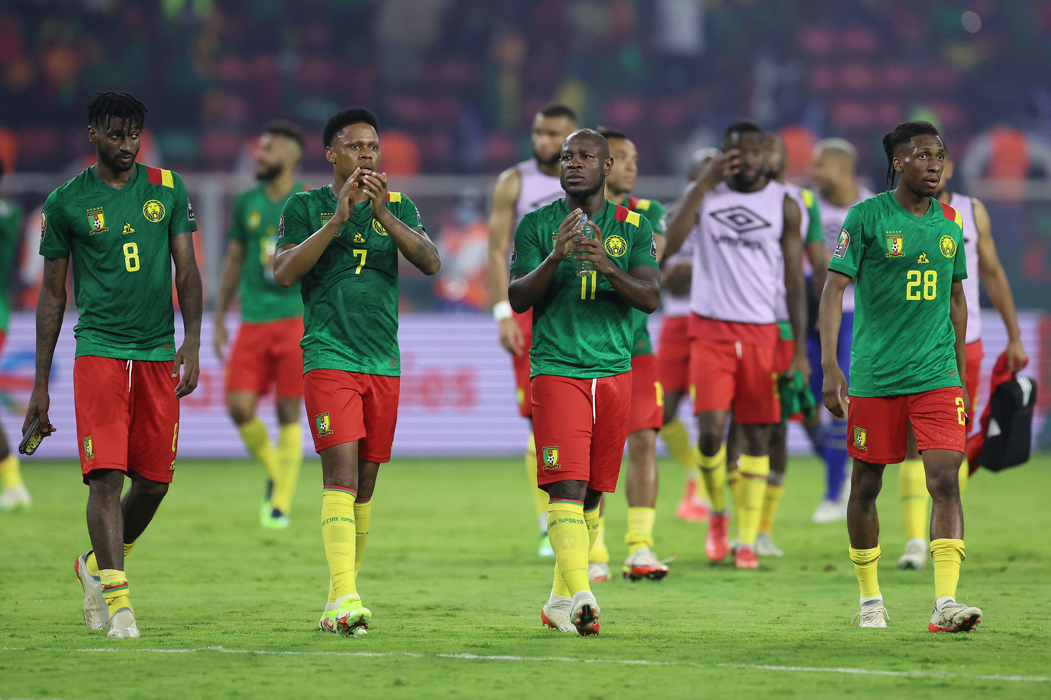 Para pemain Kamerun bergembira setelah mengalahkan timnas Burkina Faso dengan skor 2-1 di laga Grup A Piala Afrika 2021. 