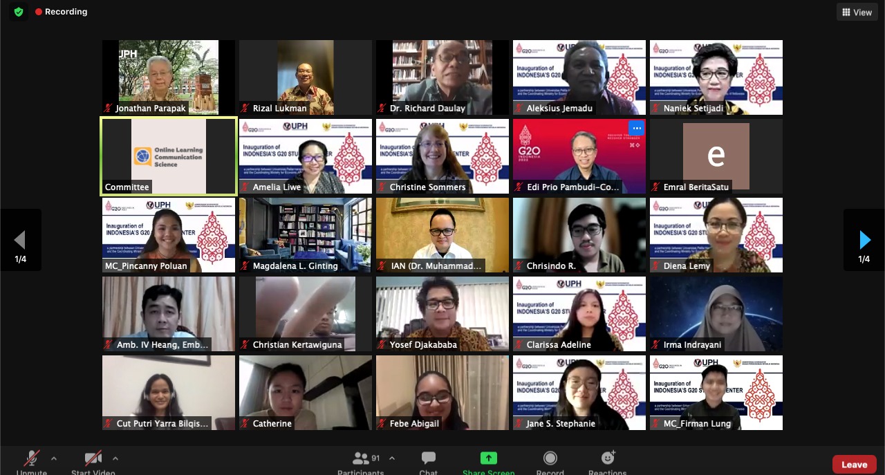 Universitas Pelita Harapan (UPH) dan Kemenko Perekonomian meluncurkan Pusat Studi G20 secara virtual.