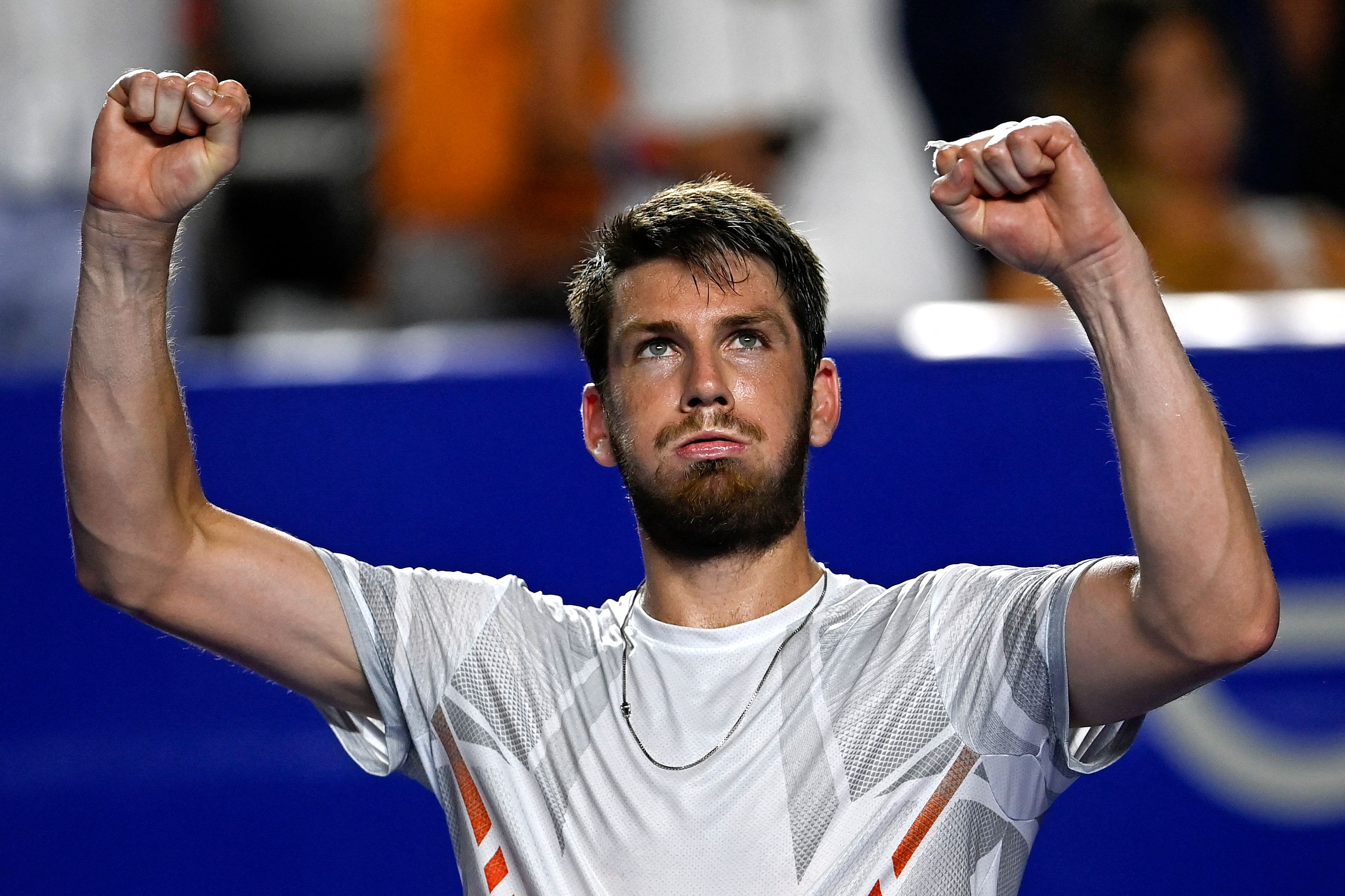 Reaksi petensi Inggris Cameron  Norrie setelah mengalahkan petenis unggulan ketiga Stefanos Tsitsipas pada semifinal Meksiko Terbuka.  