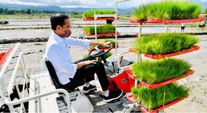 Presiden Joko Widodo mengendarai mesin tanam padi, di Trenggalek, Jatim