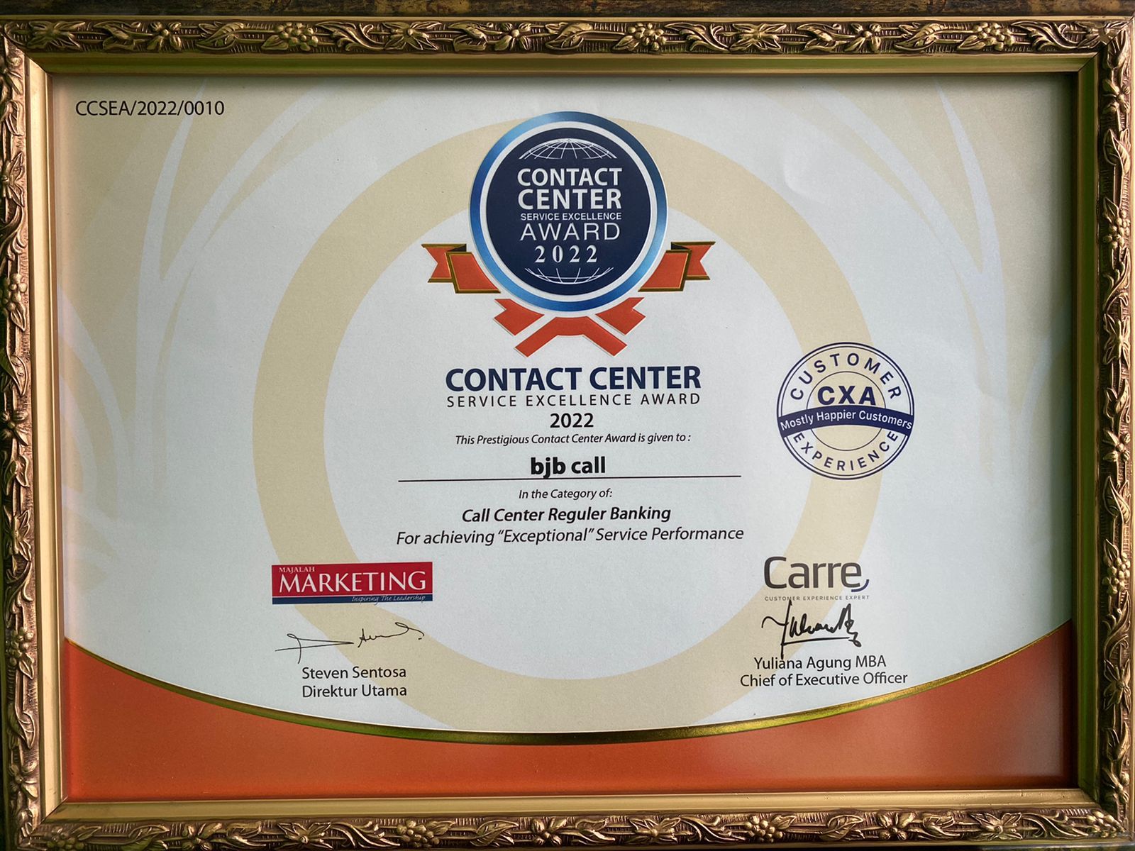 Bank bjb meraih Contact Center Service Excellence Award (CCSEA) 2022 dalam kategori Call Center Reguler Banking. 