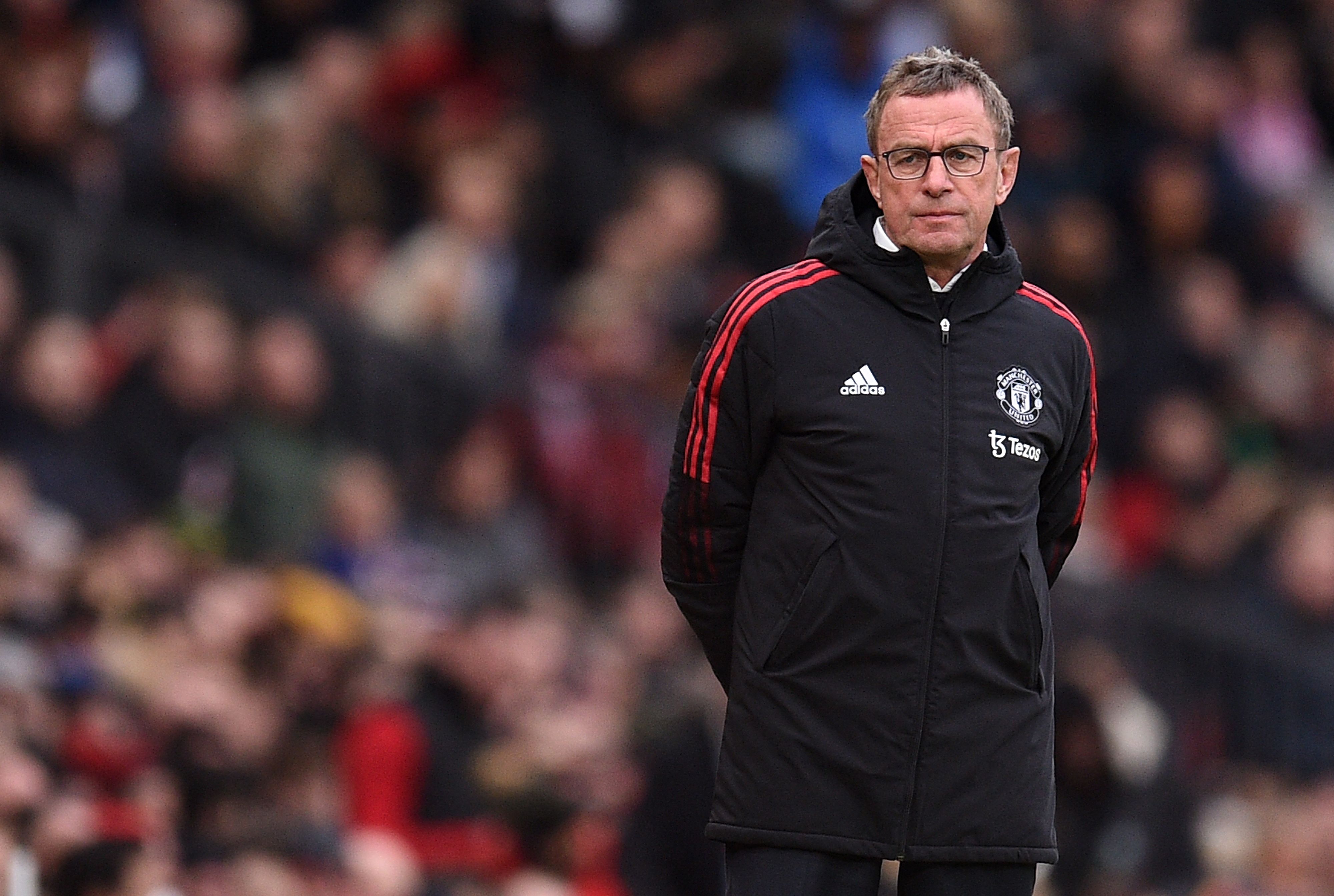 Raut wajah pelatih sementara Manchester United, Ralf Rangnick, saat timnya bertanding melawan Southampton di Stadium Old Trafford.
