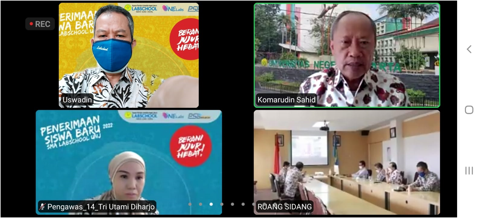 Rektor UNJ memberikan sambutan secara daring dalam PSB SMA Labschool.