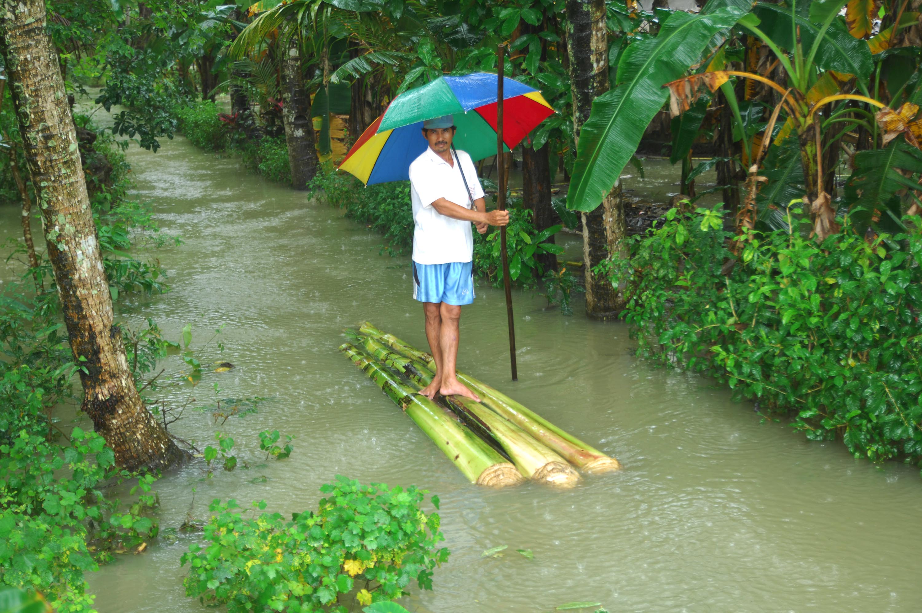 ANJIR PURWOREJO: Warga menggunakan sampan dari pohon pisang melintas di perkampungan yang tergenang banjir di Desa Rowodadi, Purworej0