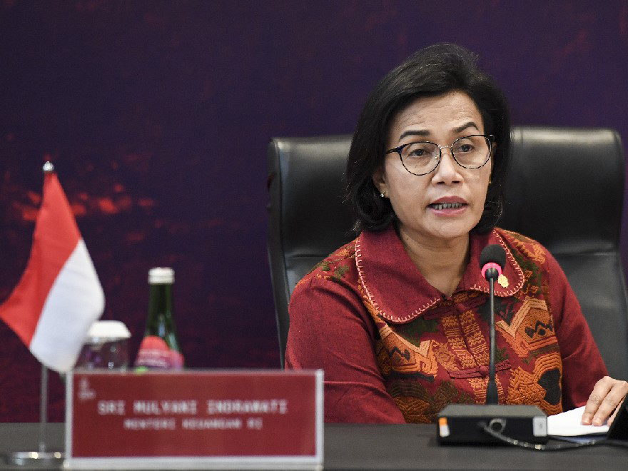Menteri Keuangan Sri Mulyani saat memberikan keterangan pers.