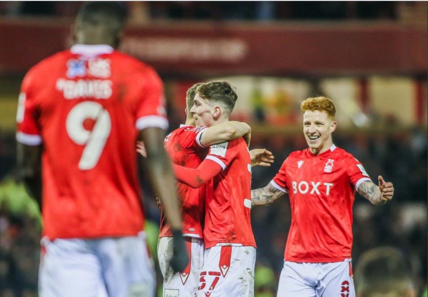 Para pemain Nottingham Forest melakukan selebrasi usai mencetak gol ke gawnag Huddersfiled di laga Piala FA.