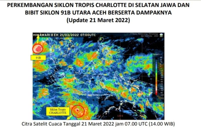 Pantauan satelit perkembangan siklon tropis charlotte, Senin (21/3/2022)