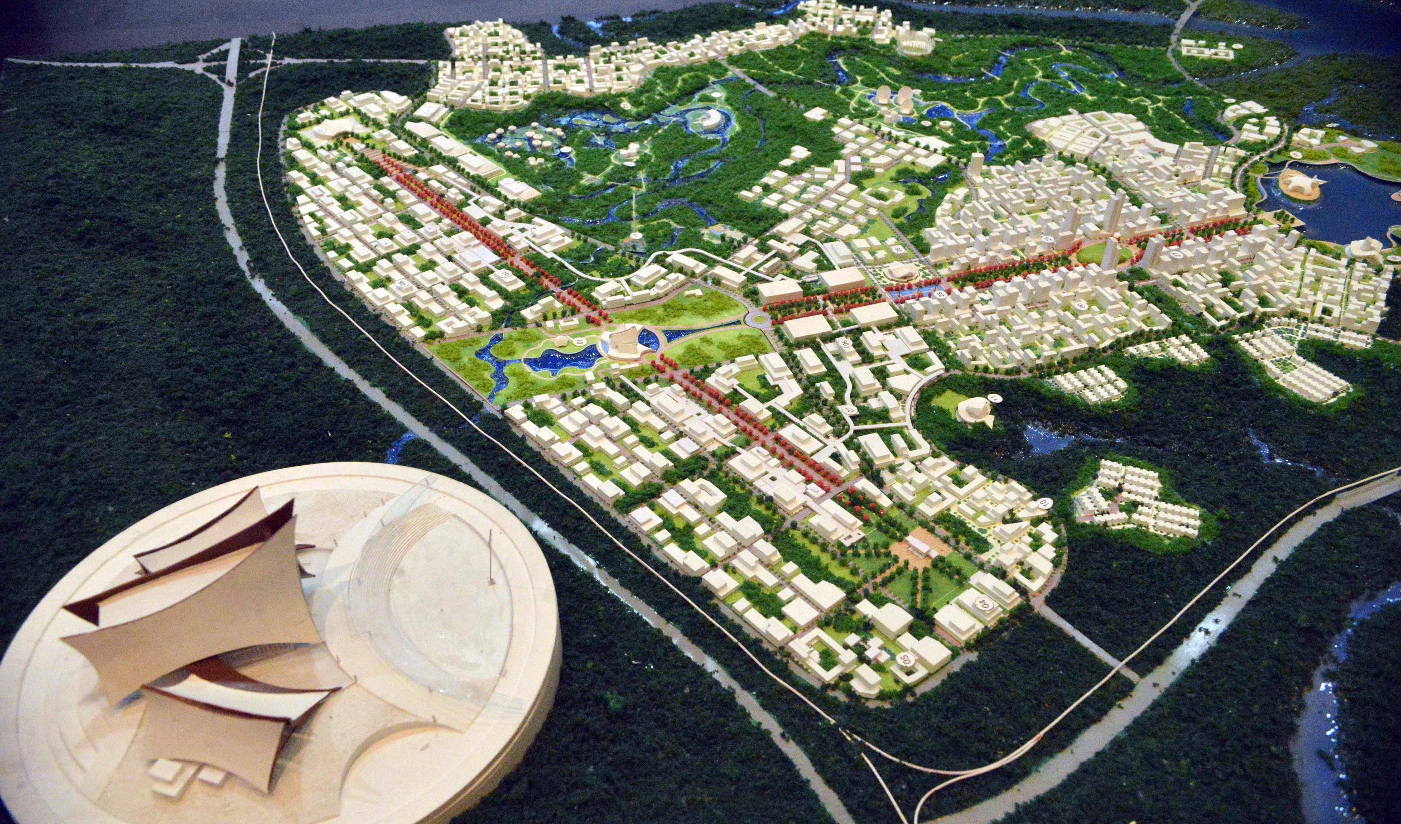 Maket ibu kota baru di Gedung Auditorium Kementerian Pekerjaan Umum dan Perumahan Rakyat (PU-Pera), Jakarta.