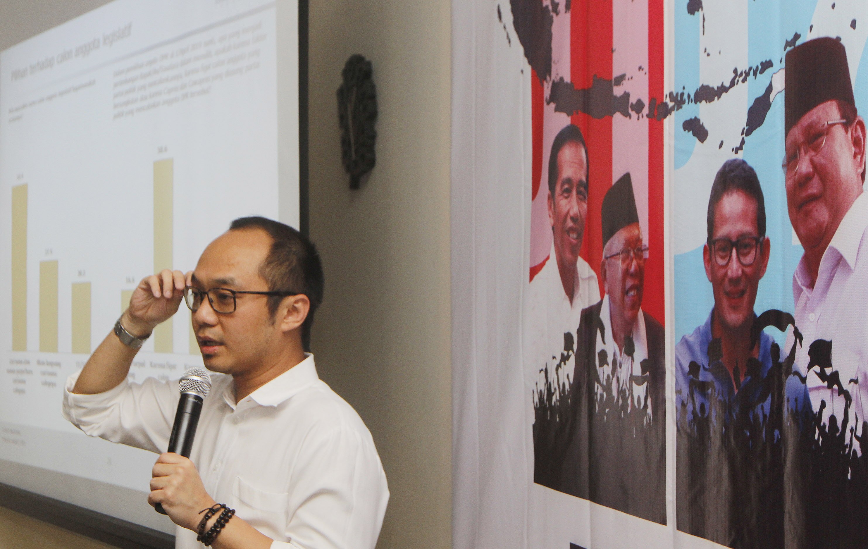 Direktur Eksekutif Charta Politika Indonesia, Yunarto Wijaya saat menyampaikan hasil surveinya.
