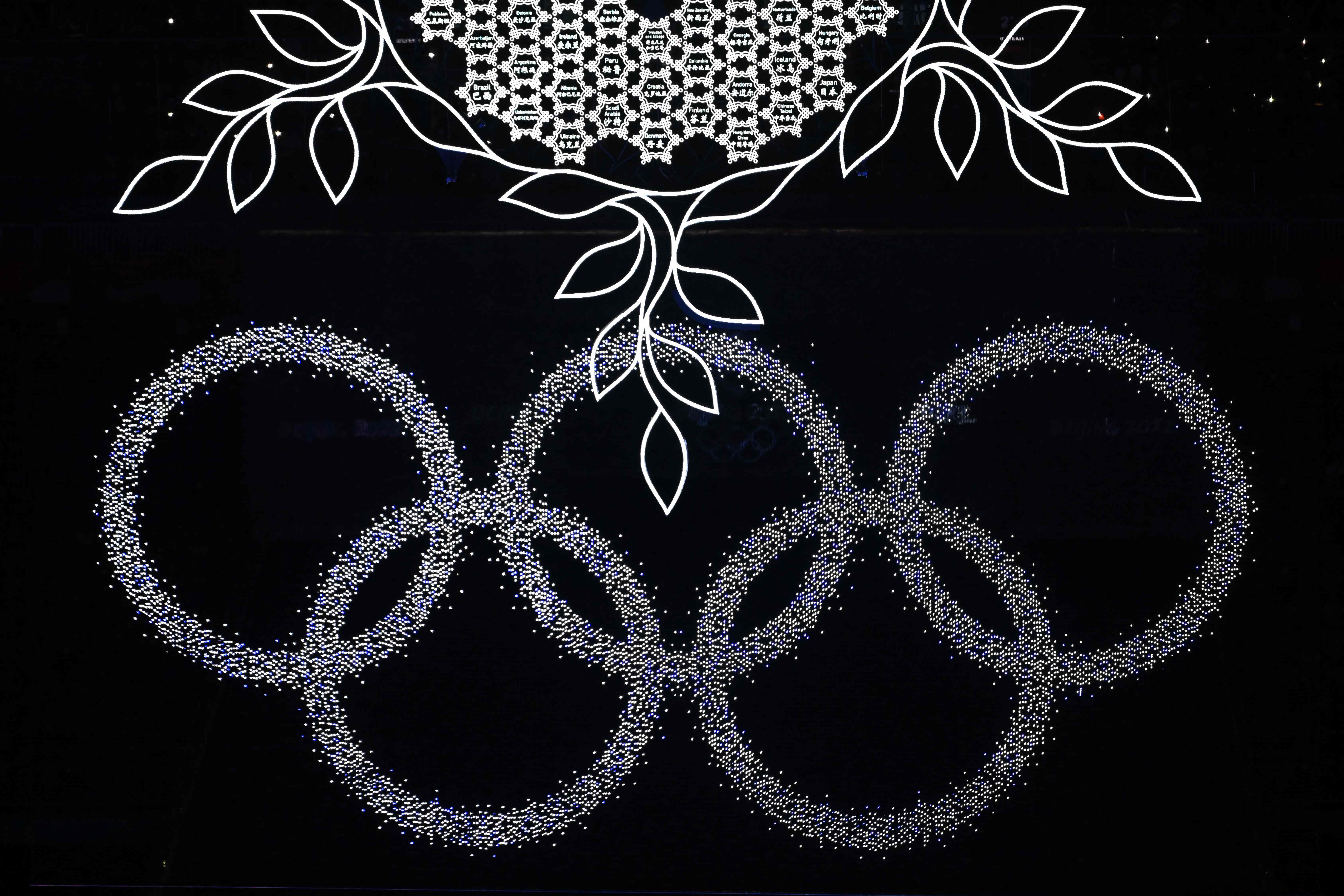 Ilustrasi--Cincin Olimpiade terlihat di upacara penutupan Olimpiade Beijing 2022.