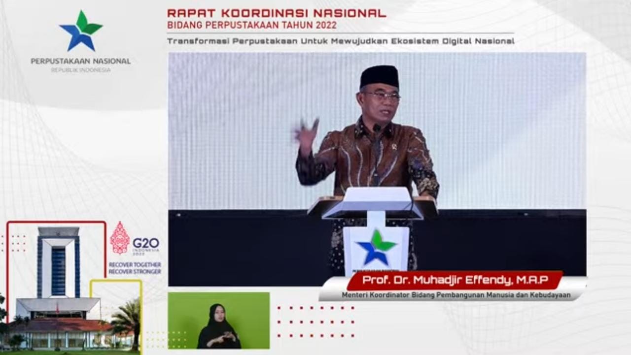 Menko PMK Muhadjir Effendy membuka Rapat Kerja Nasional Bidang Perpustakaan 2022 yang dihelat di Hotel Bidakara Jakarta, Selasa, (29/3).