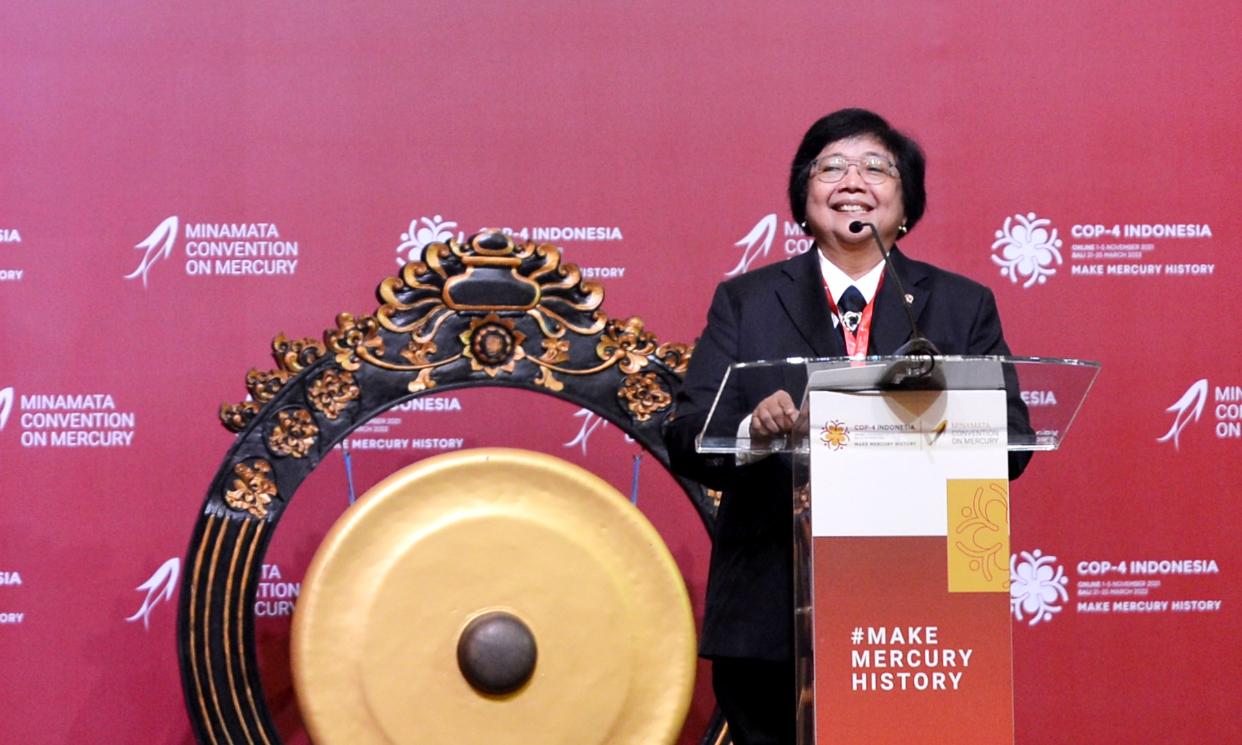 Menteri LHK Siti Nurbaya menyampaikan sambutan saat pembukaan Fourth Meeting of the Conference of the Parties (COP-4) Minamata di Bali. 