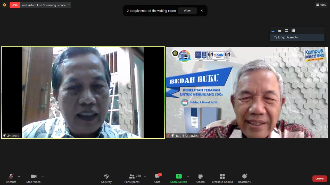 Kegiatan bedah buku secara virtual dengan tema Penelitian Terapan Untuk Mewujudkan SDGs.