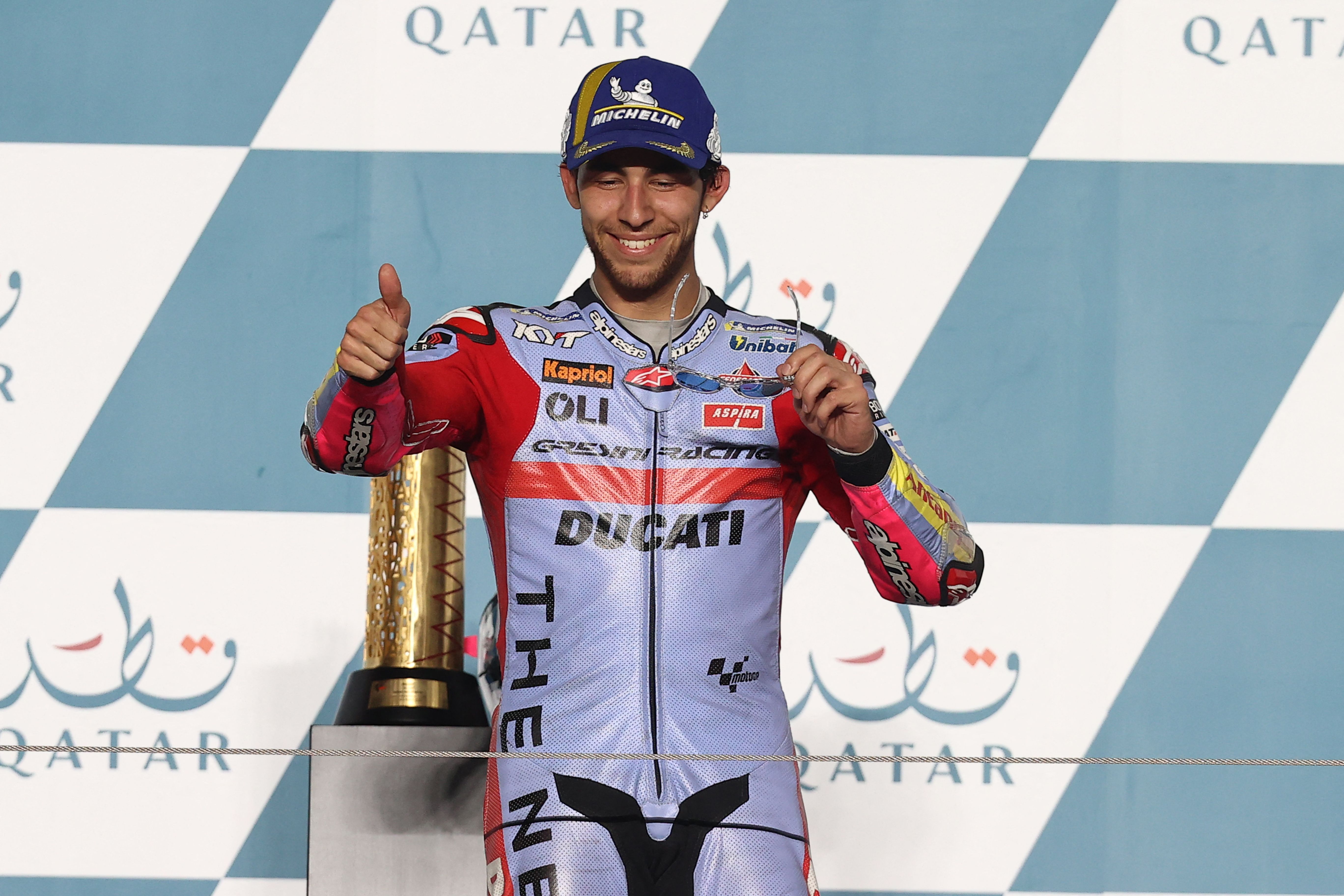 Pembalap Gresini Racing Enea Bastianini merayakan keberhasilannya menjadi juara di GP Qatar
