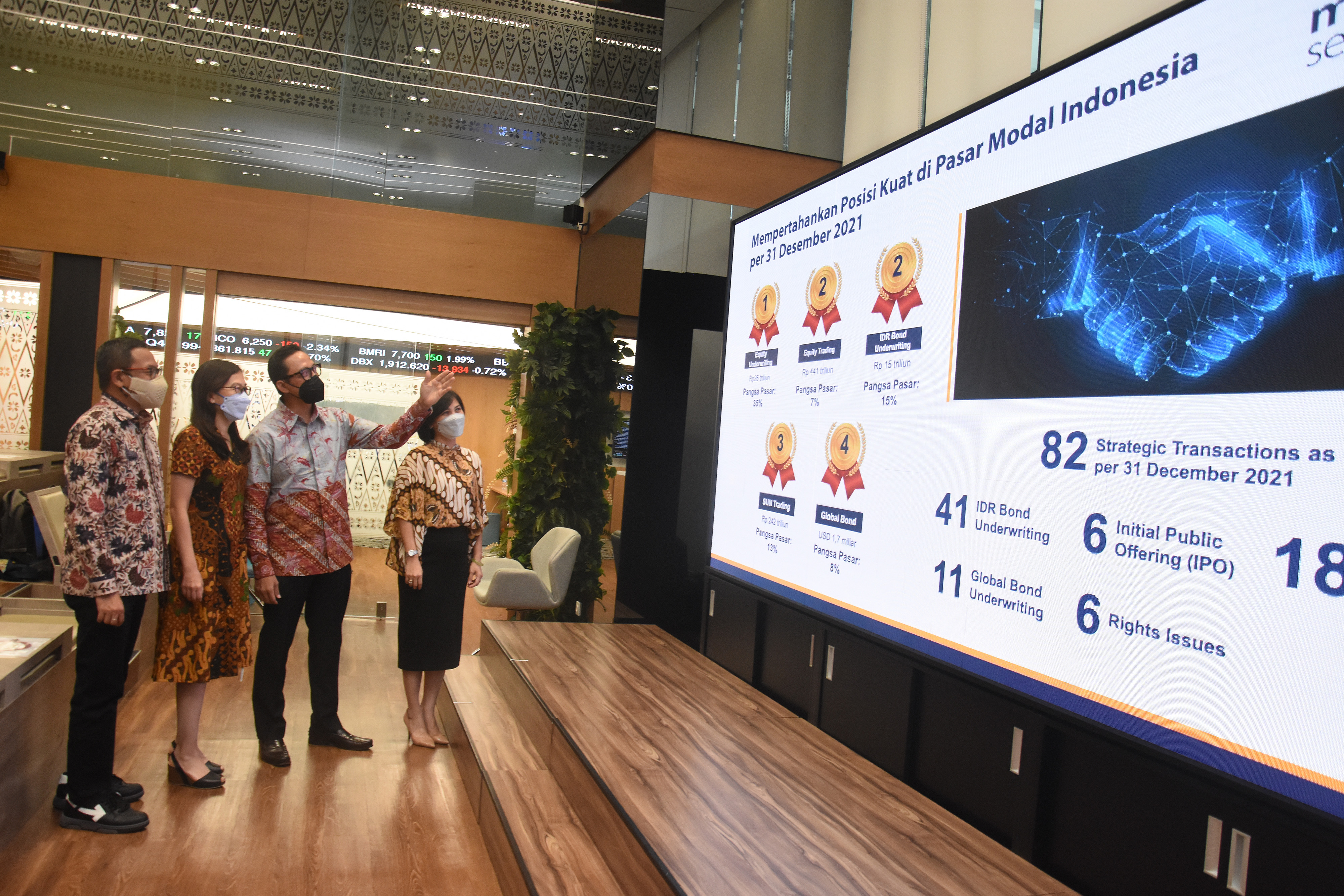 Direksi Mandiri Sekuritas menyaksikan paparan hasil bisnis 2021 di Jakarta, Rabu (9/3).
