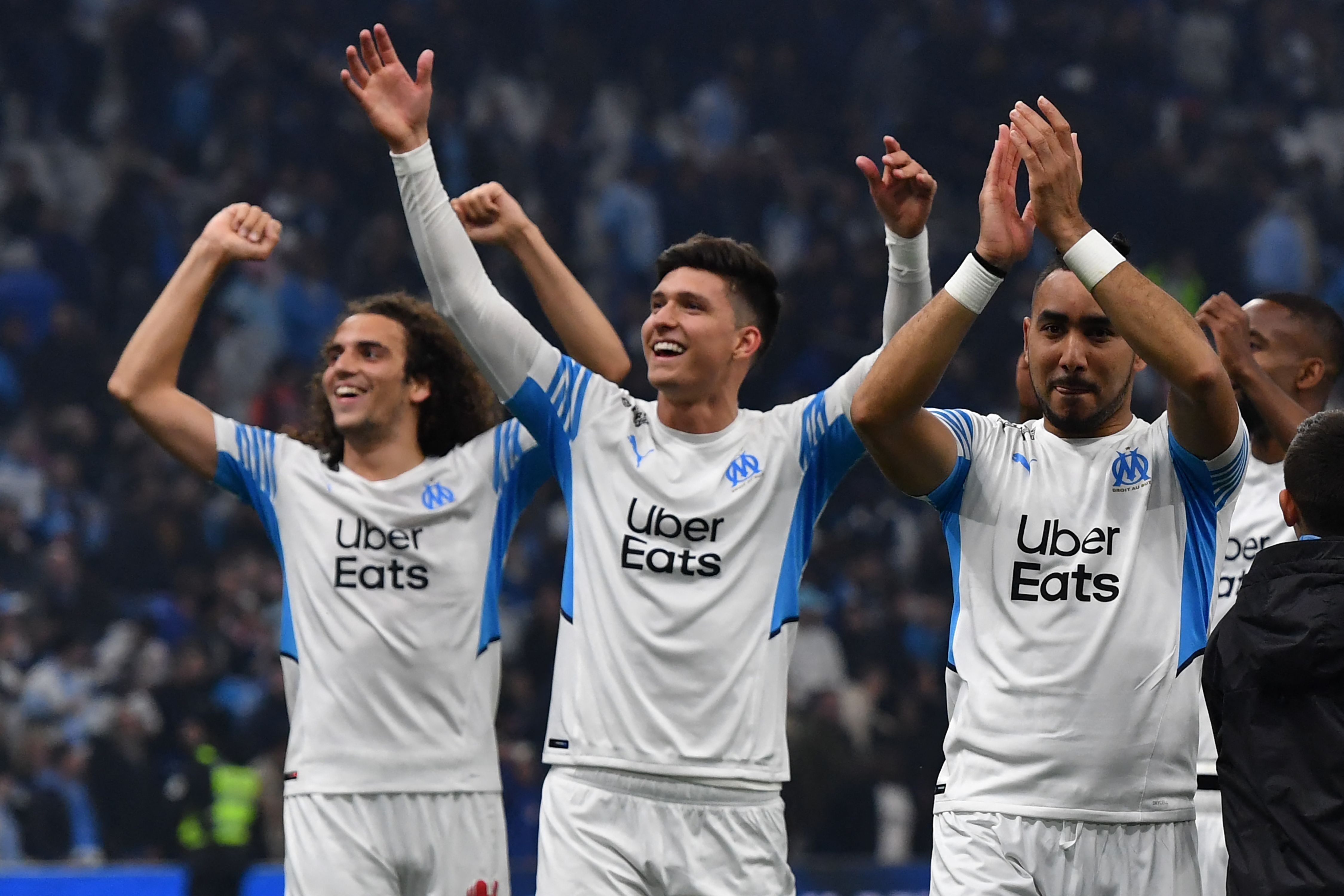 Para pemain Marseille melakukan selebrasi usai mengalahkan Nice di laga Ligue 1.
