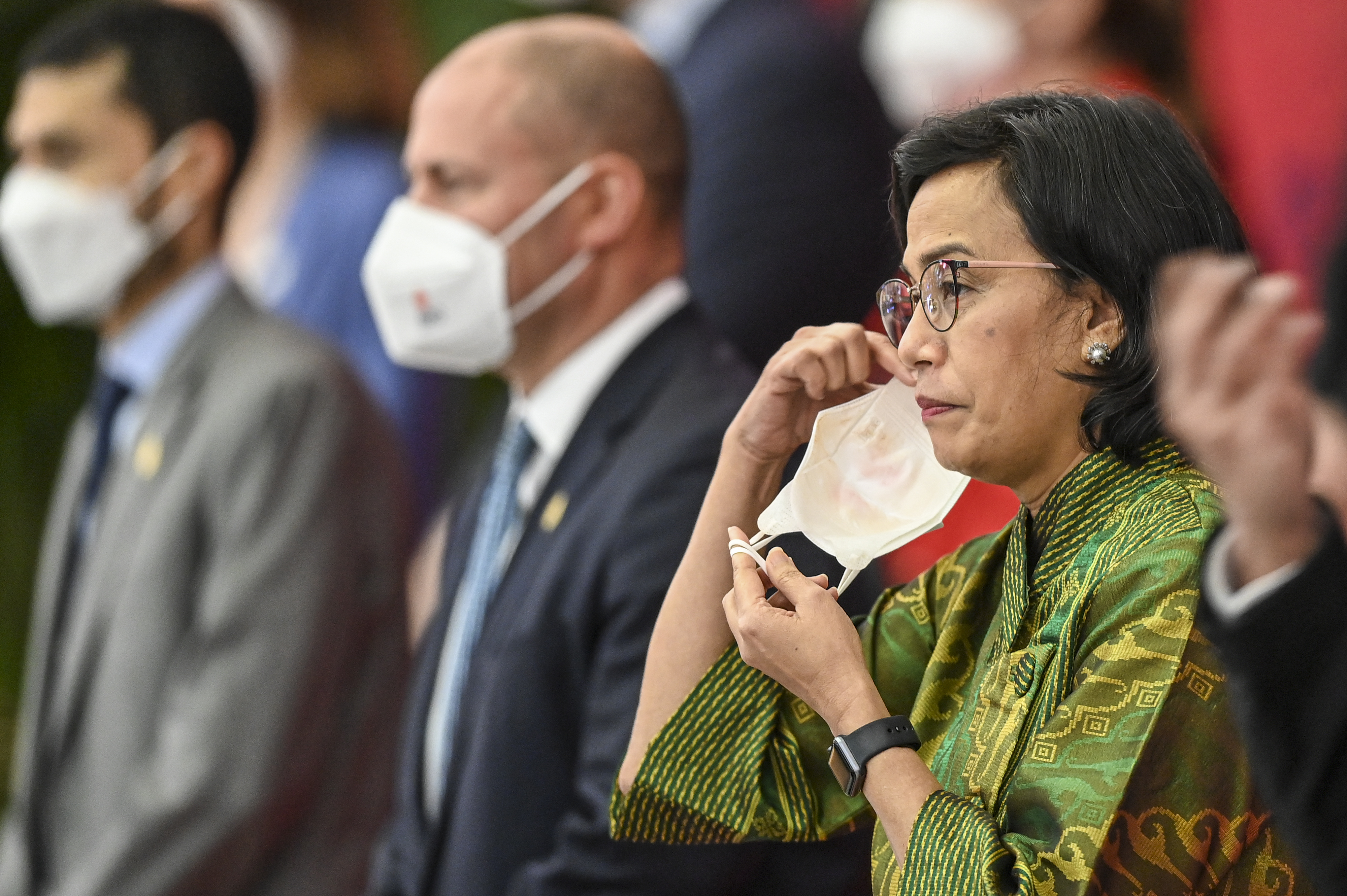 Menteri Keuangan Sri Mulyani saat sesi foto bersama dalam pertemuan G20 di Jakarta.