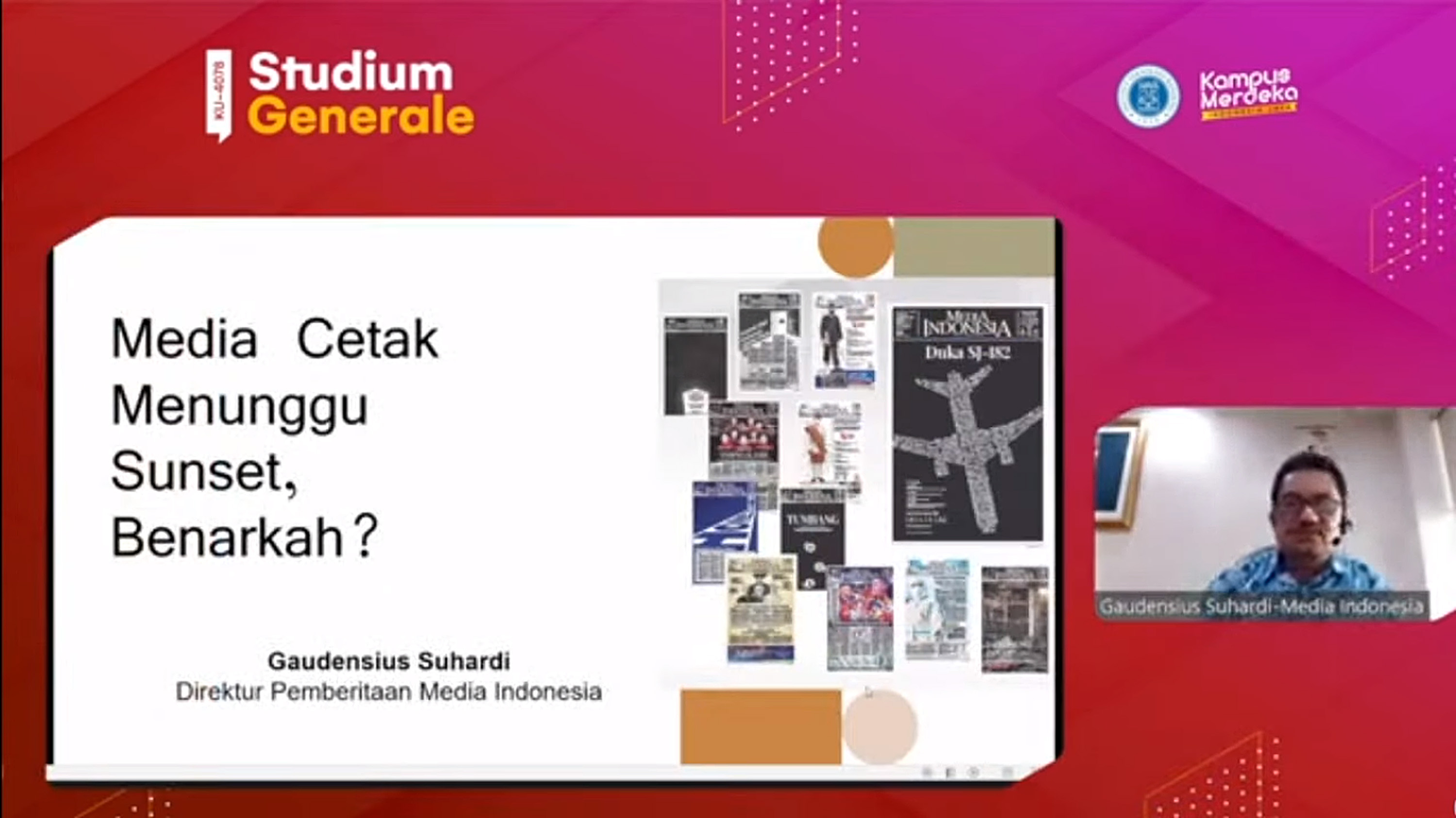Direktur Pemberitaan Media Indonesia Gaudensius Suhardi menyampaikan paparan dalam diskusi yang digelar secara daring Studium Generale