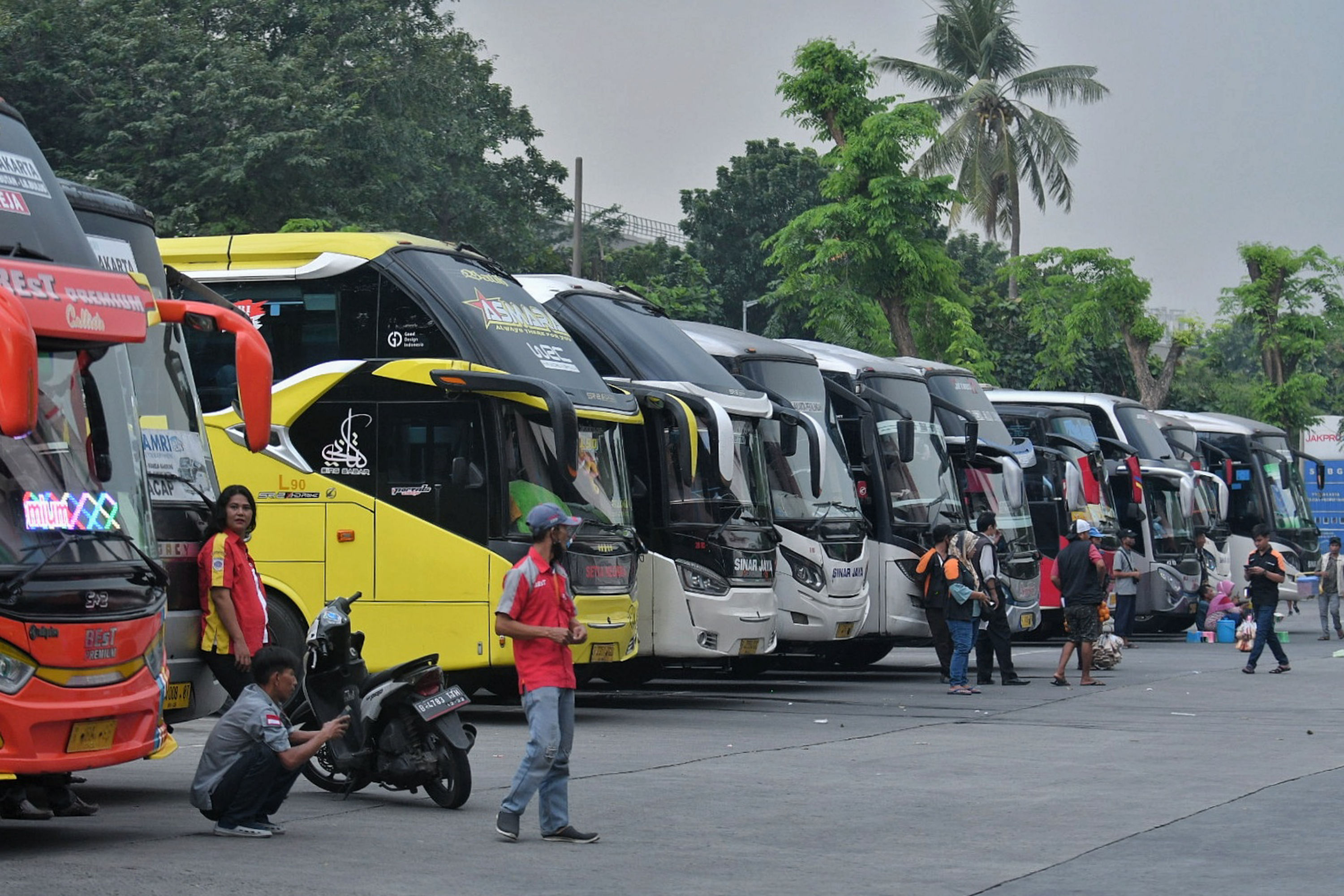  Sejumlah bus yang akan mengangkut pemudik tujuan Jawa dan Sumatra terparkir di Terminal Kampung Rambutan, Jakarta.